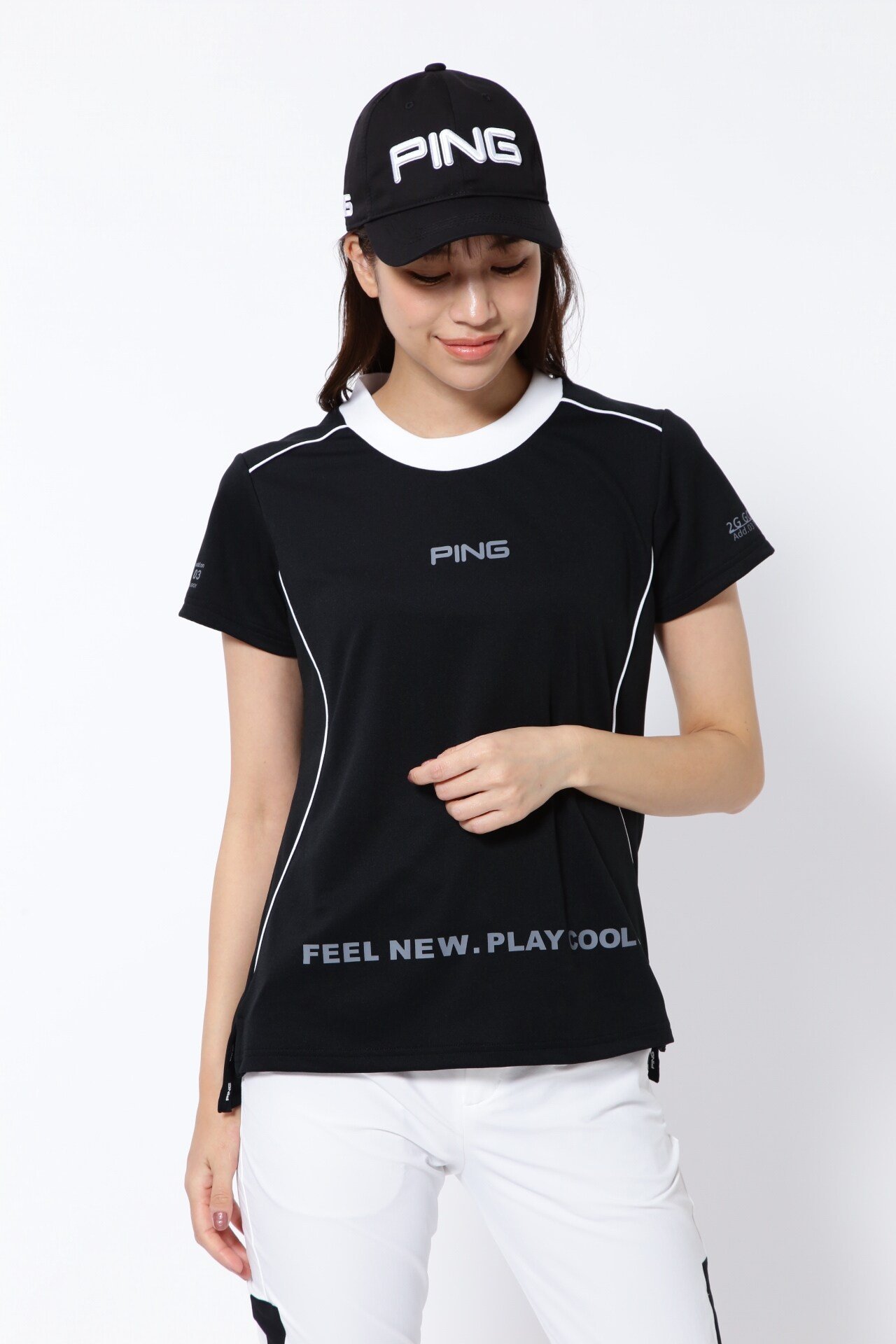 PING APPAREL アドエルムダブルフェイスメッシュ 半袖モックネックプルオーバー ＜AddElm＞ (LADIES) ピン アパレル トップス その他のトップス ブラック ホワイト