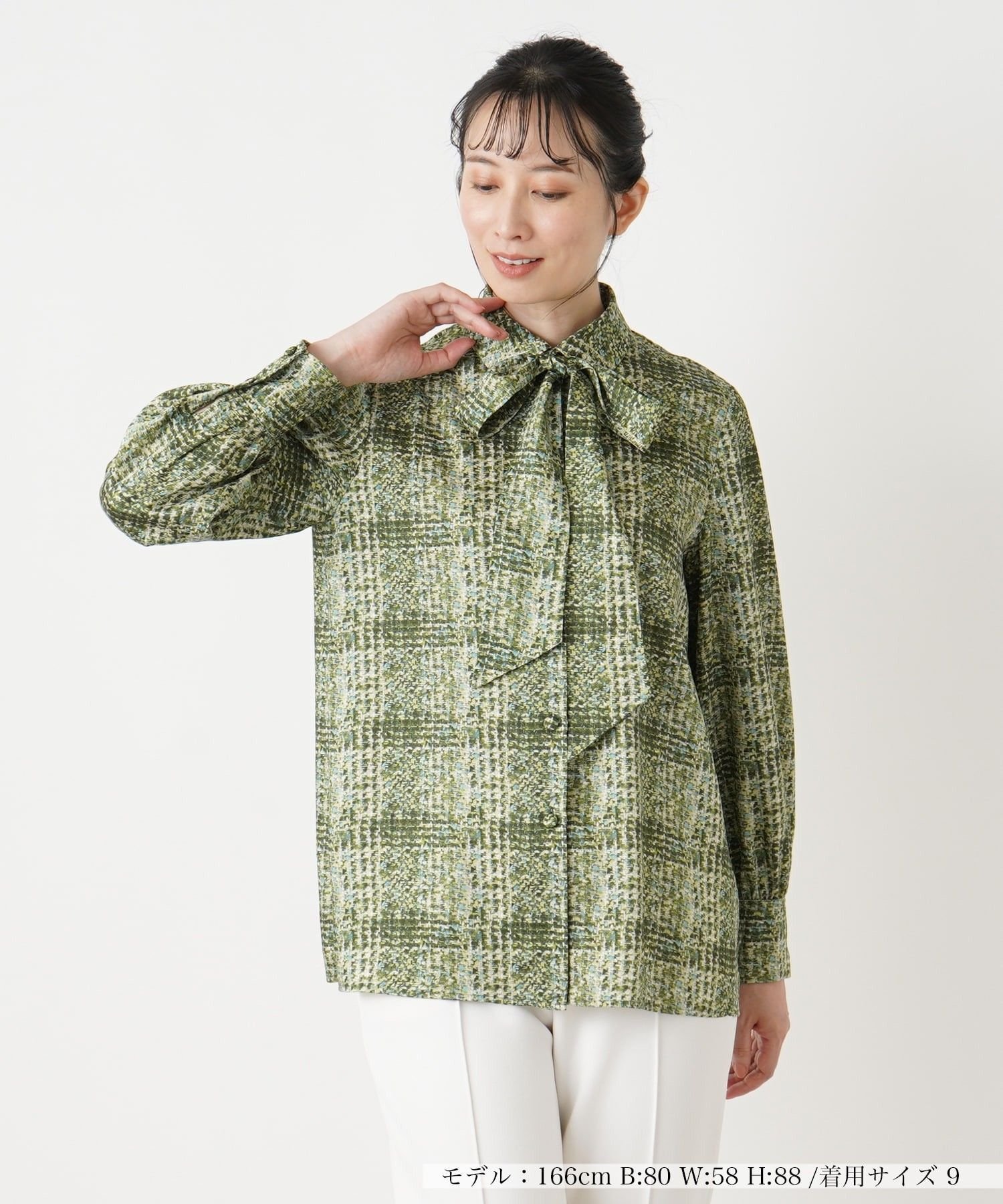 Leilian チェックボウタイブラウス【ROCHAS Premiere】【ERICA】 レリアン トップス シャツ・ブラウス グリーン