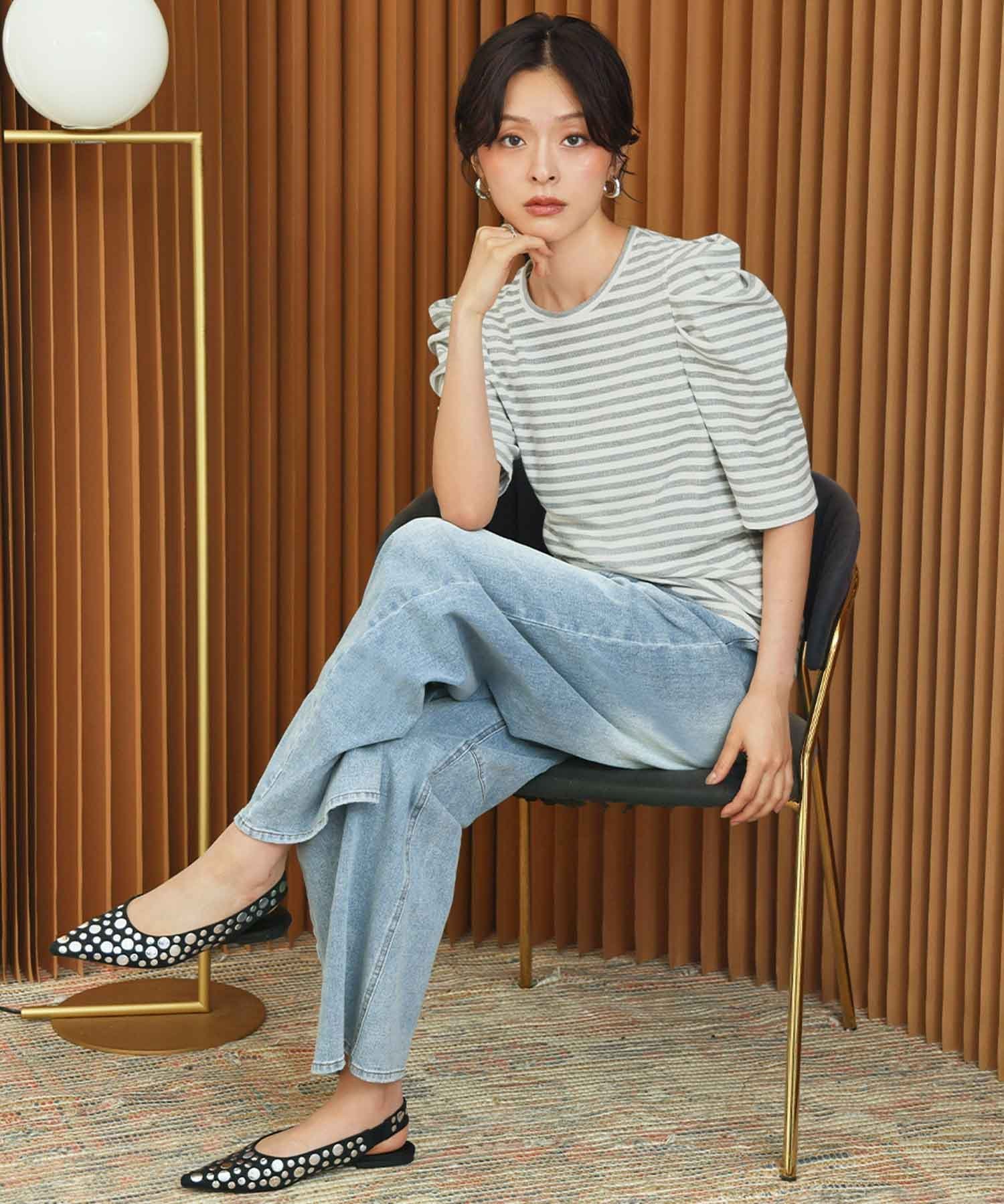 パワーショルダー五分袖ボーダーTシャツ カットソー リバーフィールド アンド コー トップス カットソー・Tシャツ