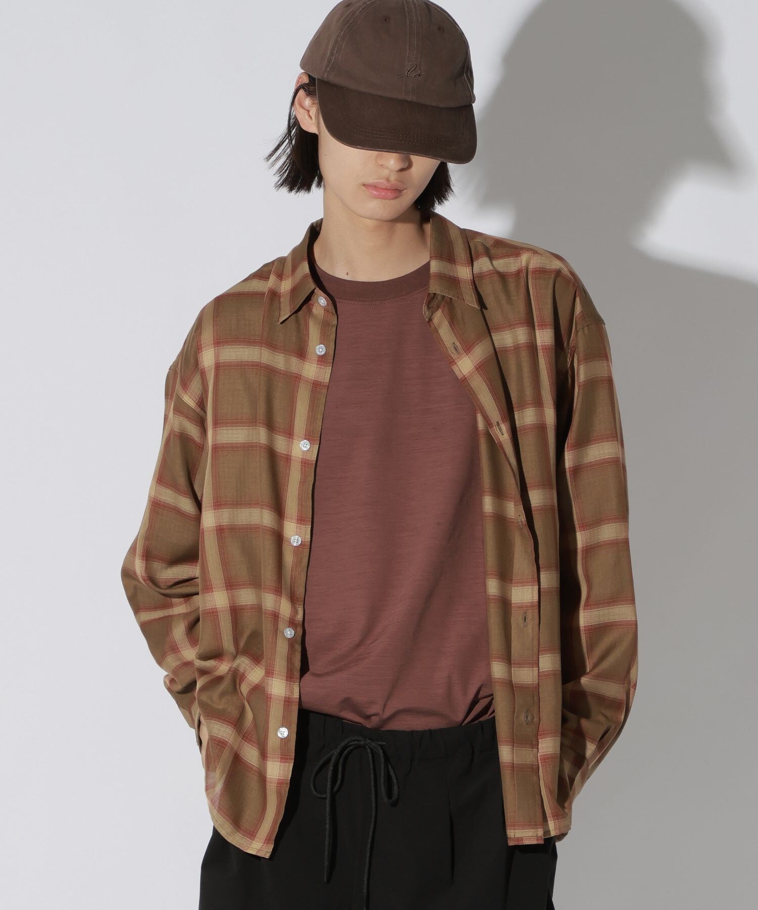 LAKOLE シアーオンブレ-チェックシャツ長袖 ラコレ トップス シャツ・ブラウス ネイビー ワインレッド ブラウン