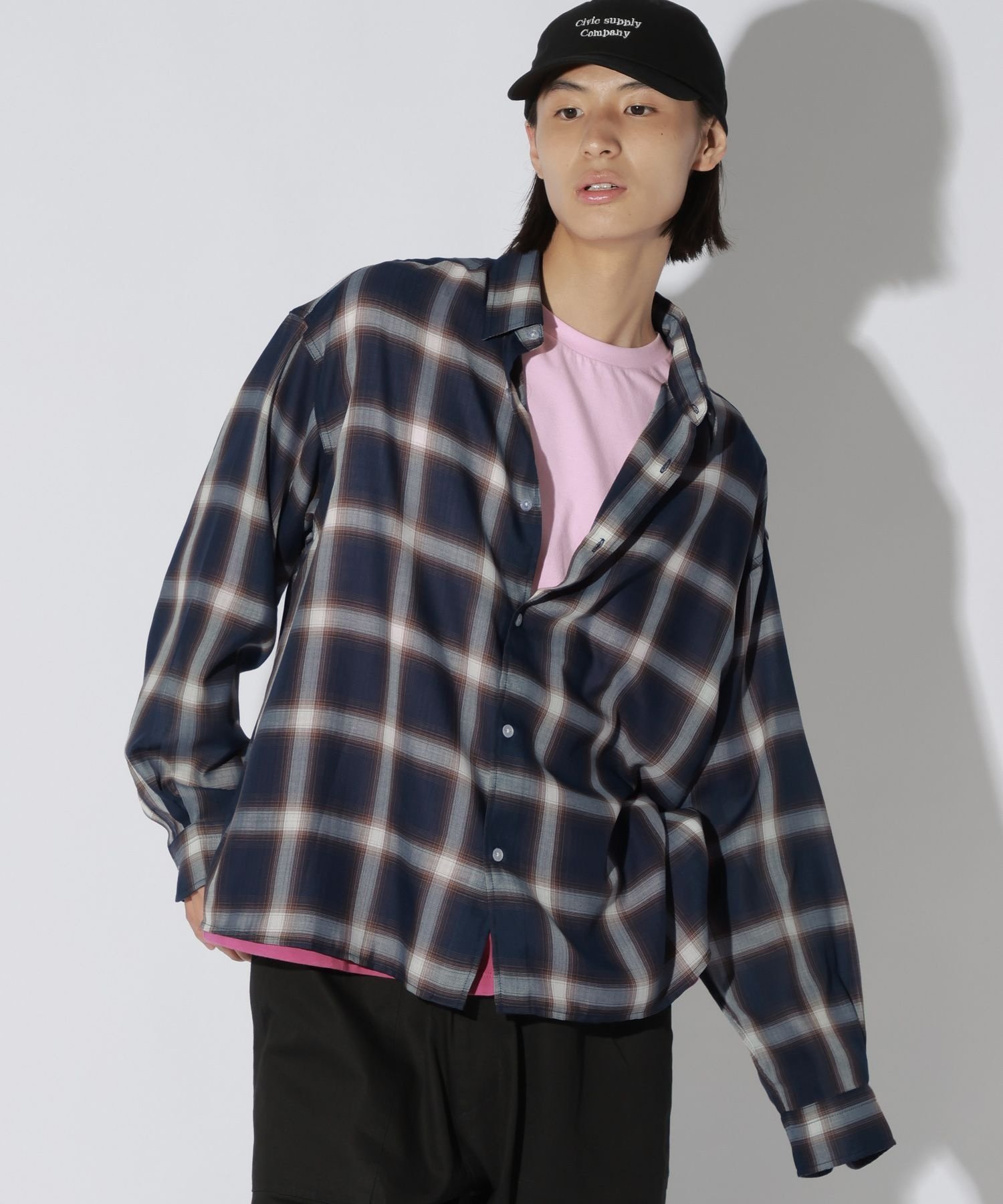 LAKOLE シアーオンブレ-チェックシャツ長袖 ラコレ トップス シャツ・ブラウス ネイビー ワインレッド ブラウン