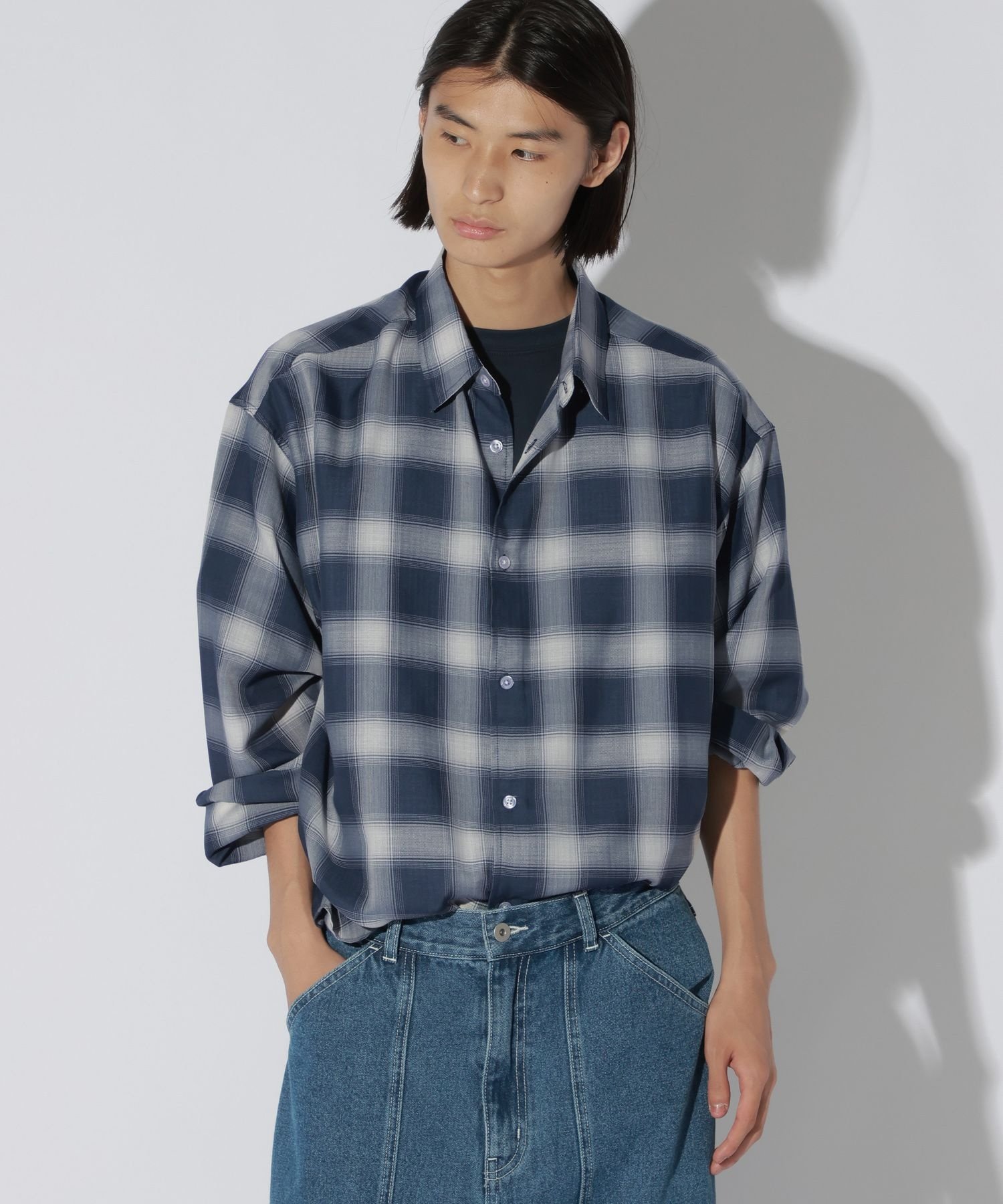 LAKOLE シアーオンブレ-チェックシャツ長袖 ラコレ トップス シャツ・ブラウス ネイビー ワインレッド ブラウン
