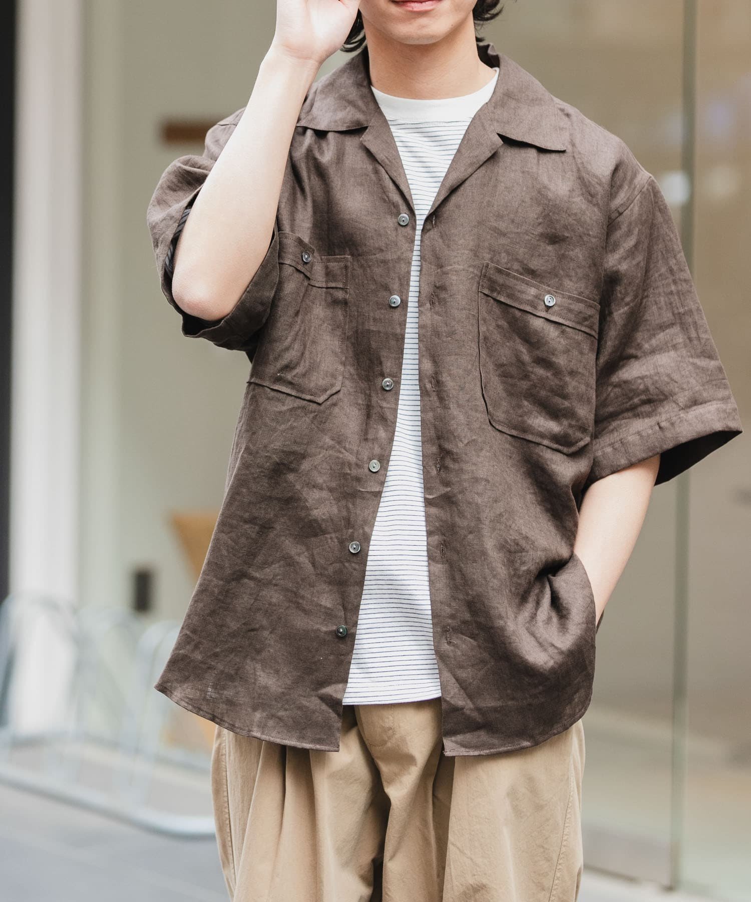URBAN RESEARCH DOORS FORK&SPOON フレンチリネンオープンカラーショートスリーブシャツ アーバンリサーチドアーズ トップス シャツ・ブラウス ブルー ベージュ ブラウン【送料無料】