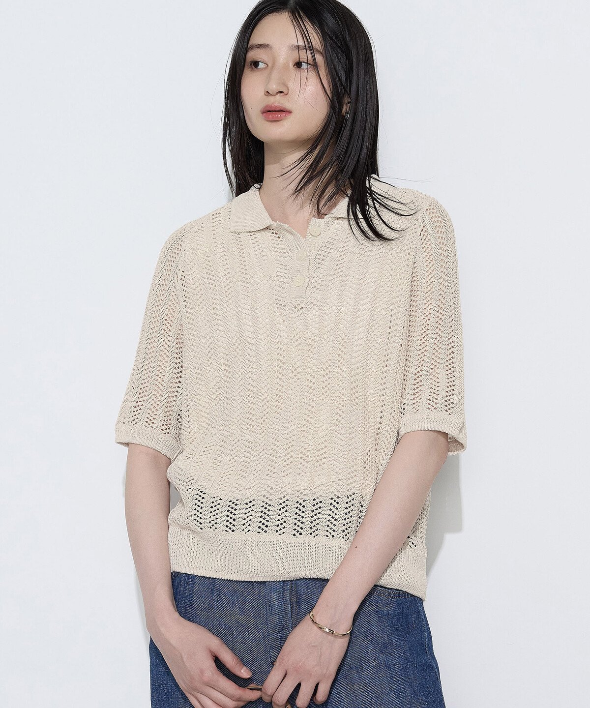 COMME CA S-SIZE [ Sサイズ ] 美濃和紙 透かしニットポロ コムサ トップス ニット ネイビー ベージュ【送料無料】
