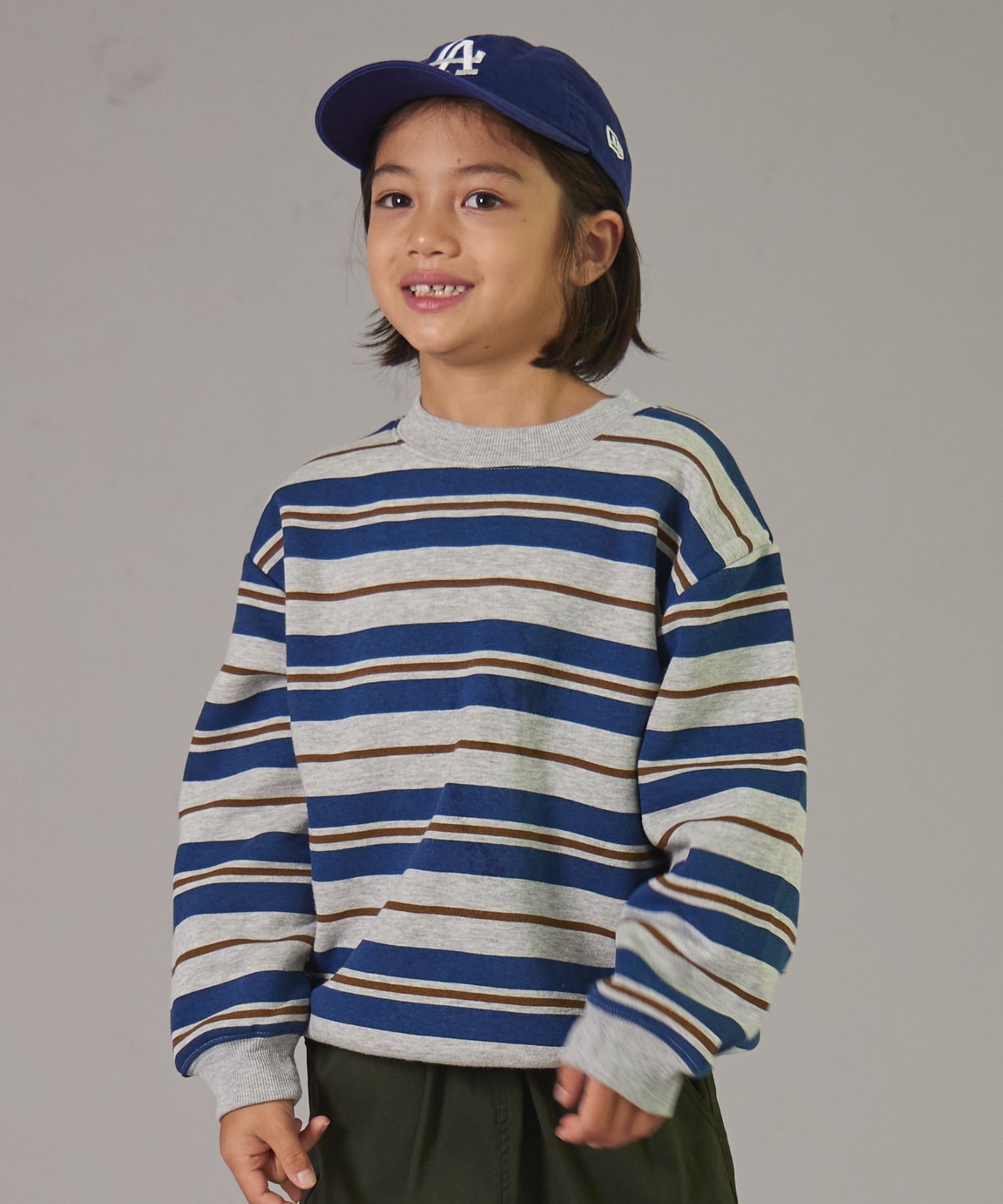 PAIRMANON STREET 【PAIRMANON STREET】裏起毛 ボーダー プリント 長袖 スウェット トレーナー ペアマノン トップス スウェット・トレーナー ブラック ピンク ブルー グリーンのサムネイル