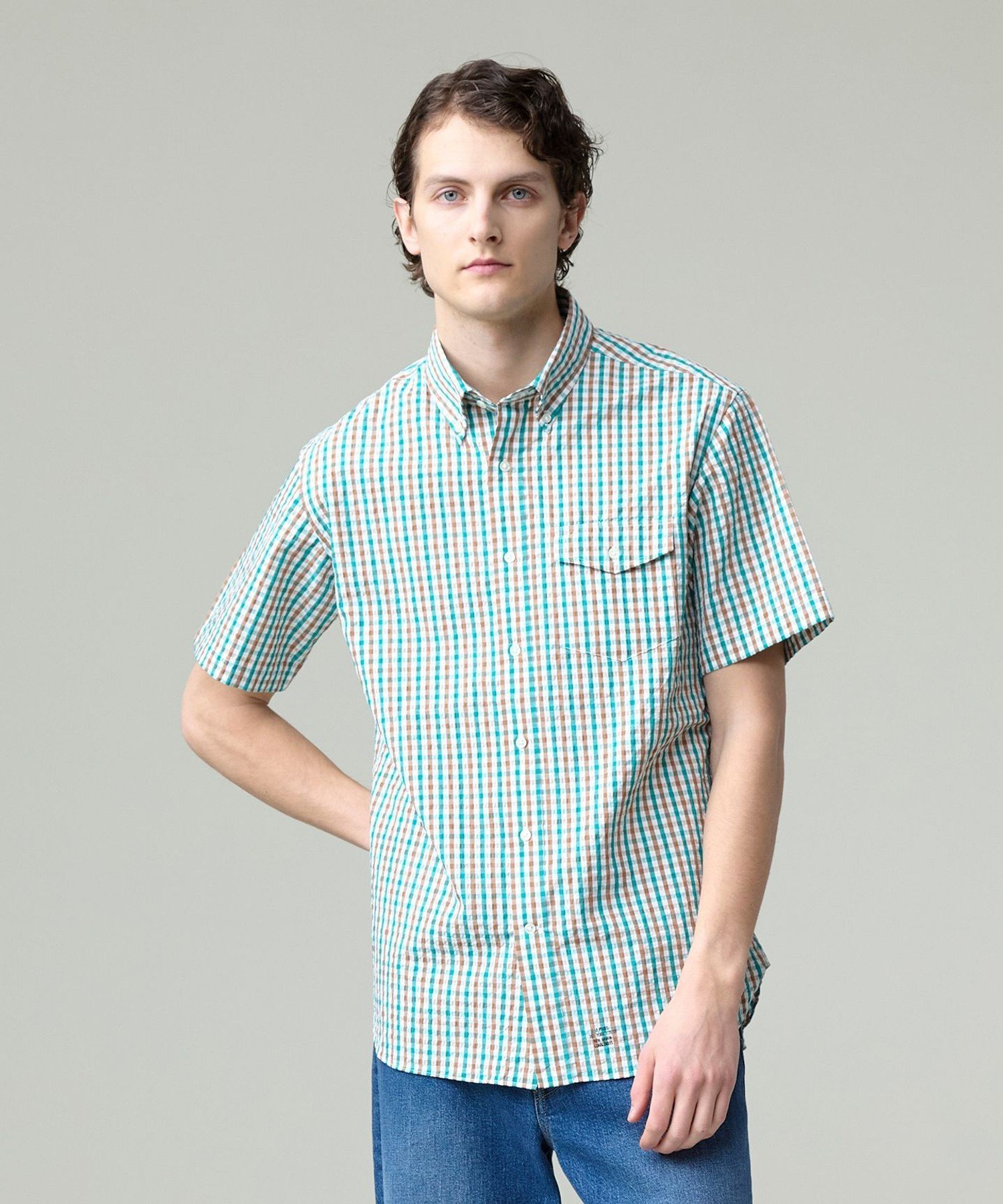 Short Sleeve Gingham Coolmax Seersucker Button Down Shirt HHOVGA0413: Green