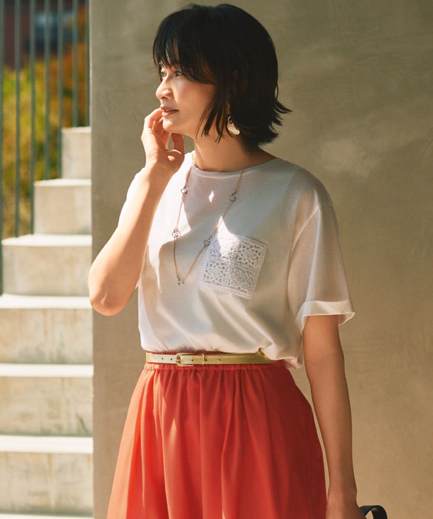 自由区 L 【カタログ掲載・洗える】クロッシェポケット Tシャツ ジユウク トップス カットソー・Tシャ..