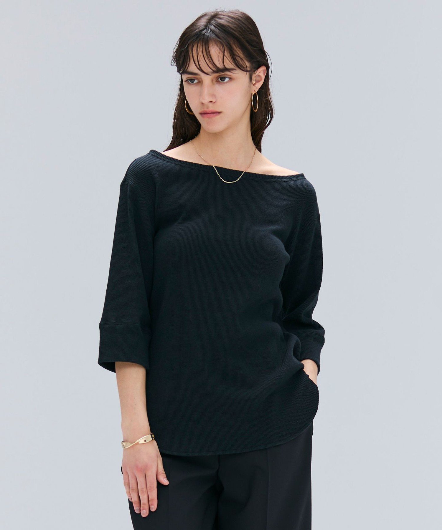 , 【洗える】GLOBE / コットンリブ7分袖カットソー ベイジ, トップス カットソー・Tシャツ ブラック