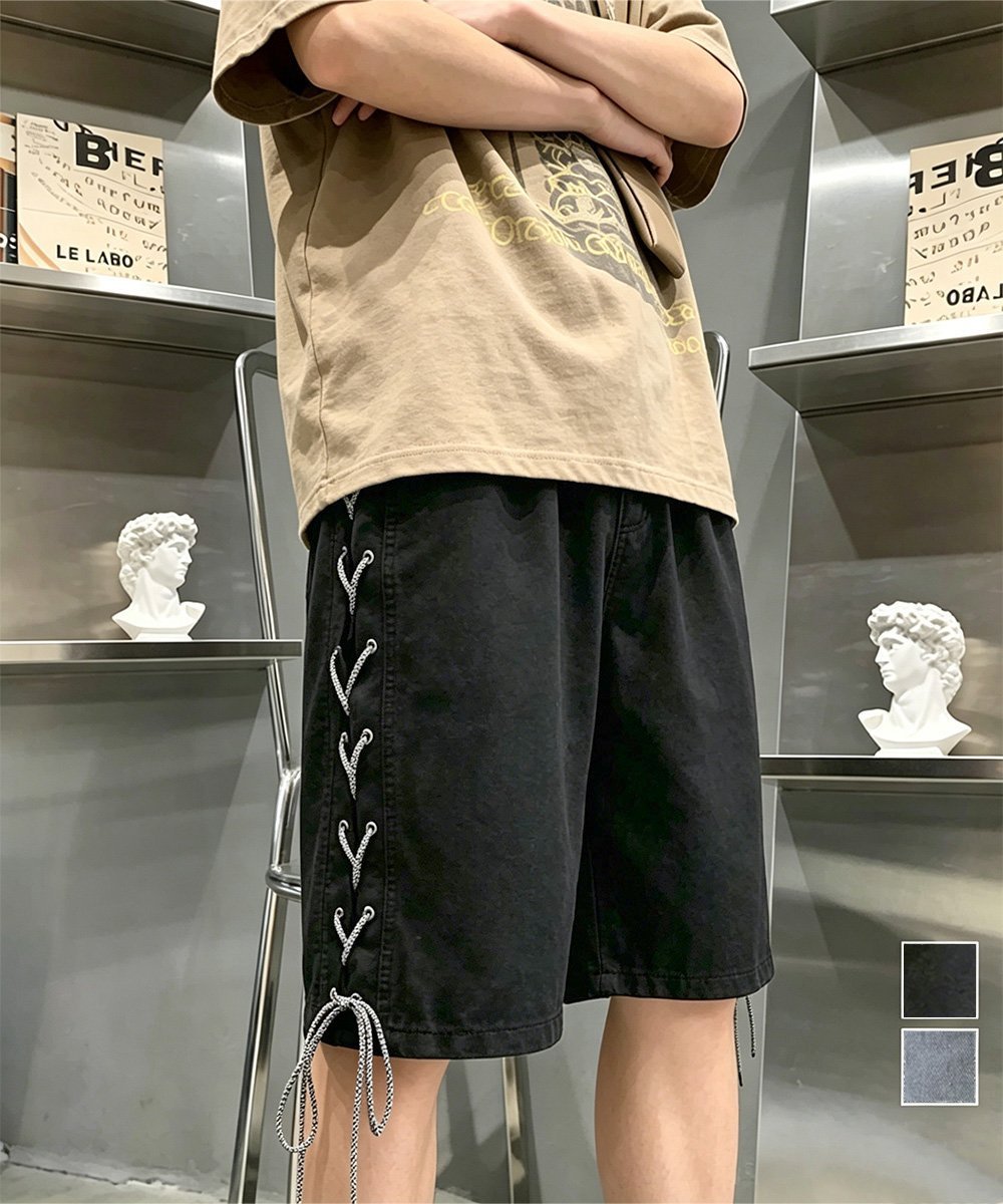 レースアップハーフデニムパンツメンズ夏服 ミニミニストア パンツ その他のパンツ ブラック ブルー