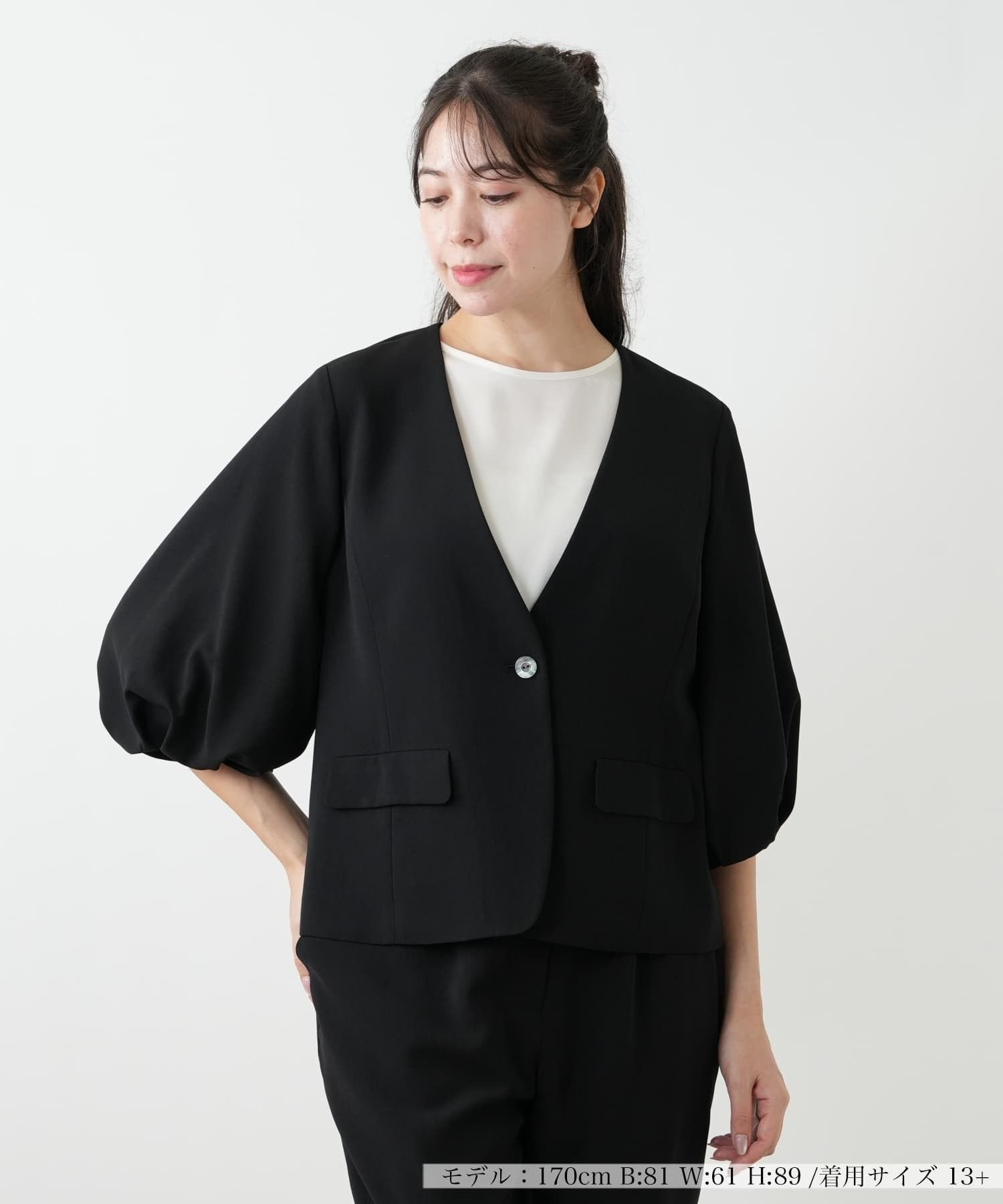 Leilian PLUS HOUSE バルーンスリーブジャケット【BOURGE】 レリアン プラスハウス ジャケット・アウター テーラードジャケット・ブレザー ブラック ベージュ