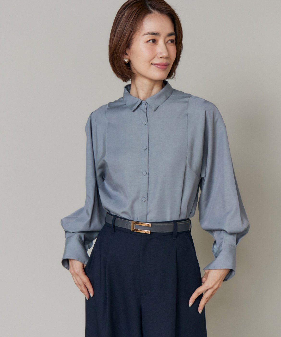 7-IDconcept. 《大きいサイズ》パネル切り替えシャツ セブンアイディコンセプト トップス シャツ・ブラウス カーキグリーン ブルー