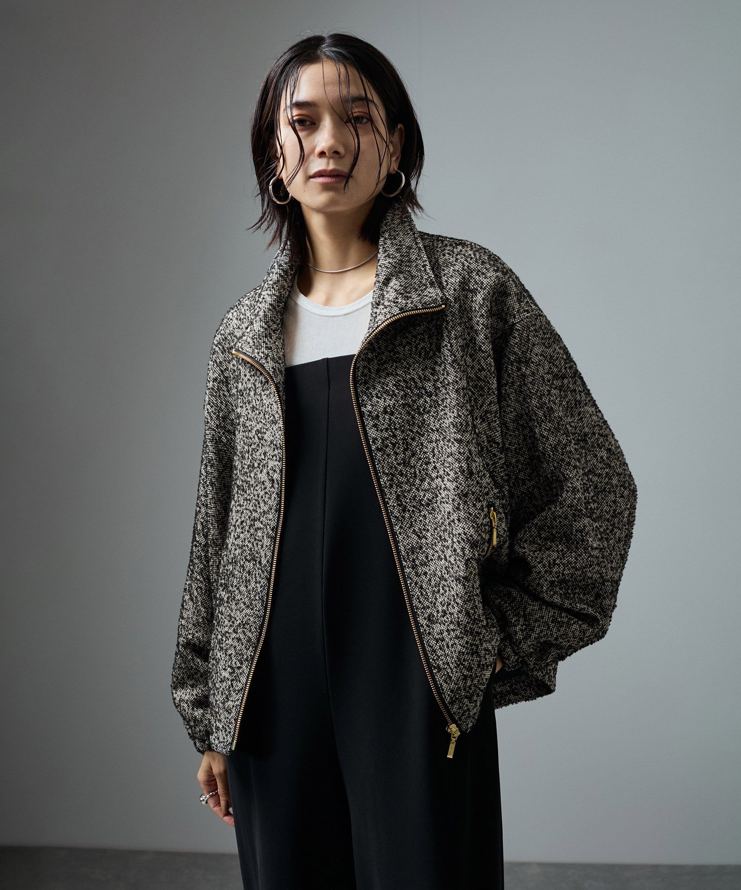 SALON adam et rope' 【WEB限定】ループツイードフォルムジップブルゾン サロン アダム エ ロペ ジャケット・アウター ブルゾン・ジャンパー ブラック ベージュ【送料無料】のサムネイル