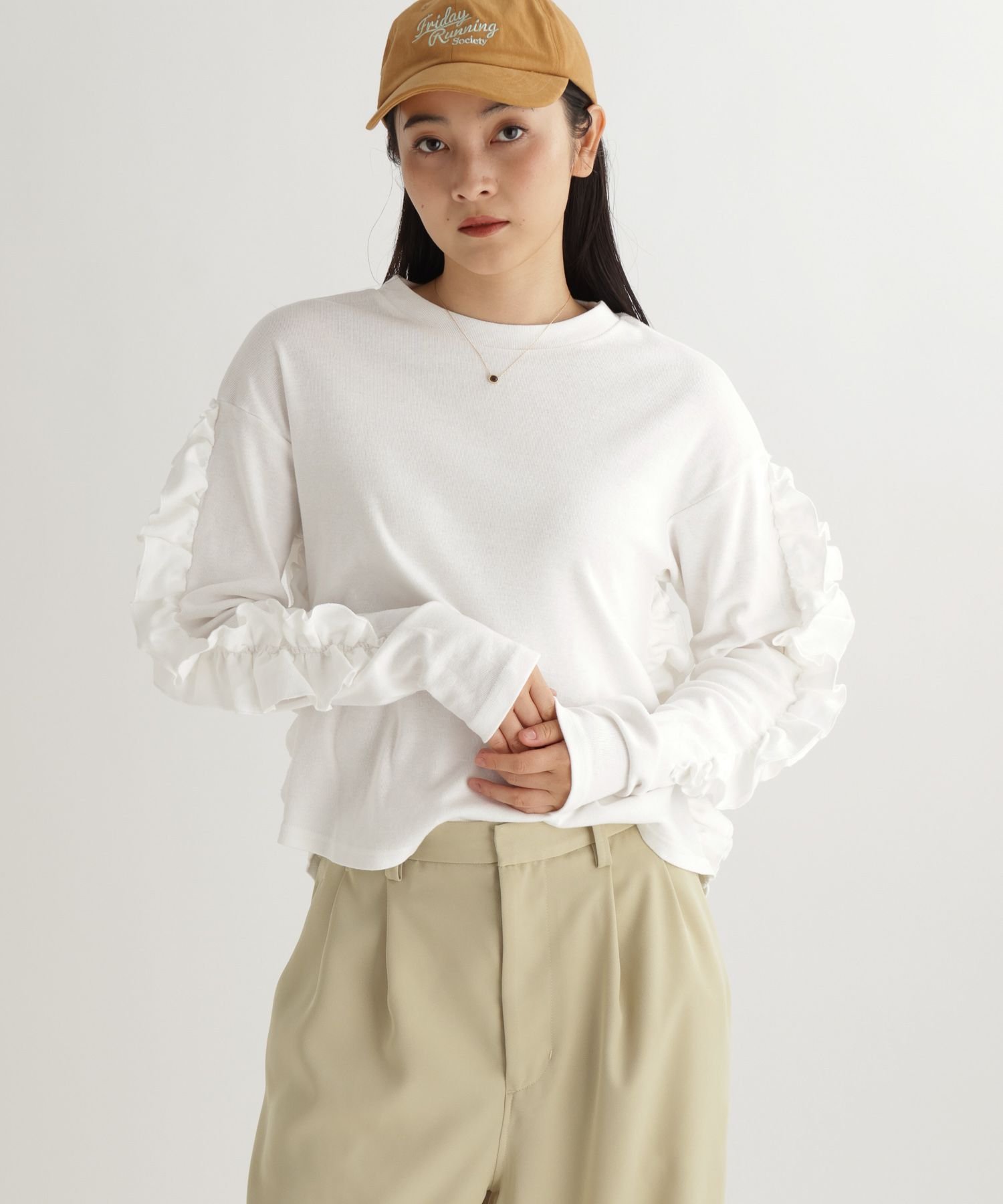 【daily CLIP】フリフリロンT スタディオクリップ トップス カットソー・Tシャツ ピンク グレー ホワイト