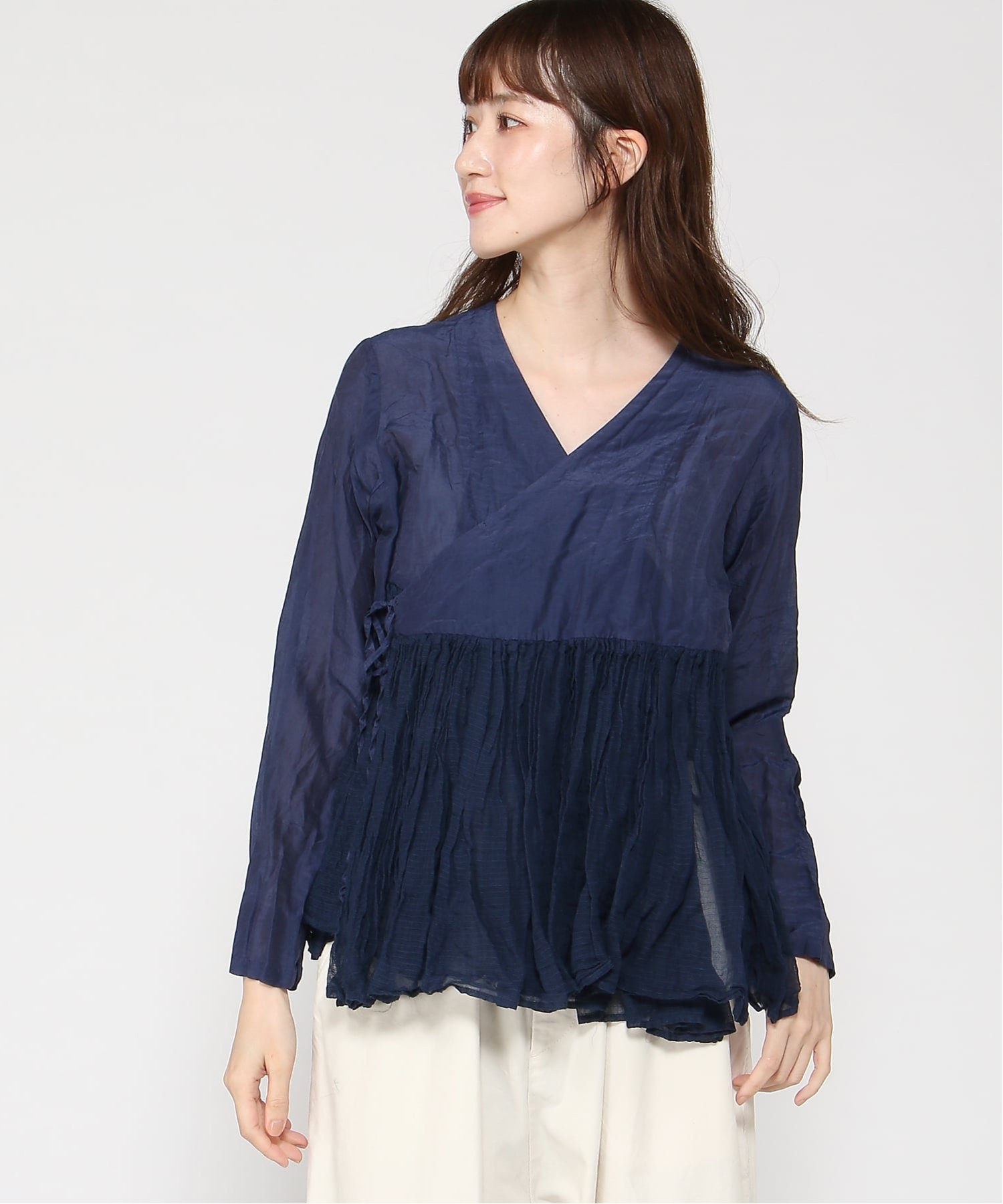 pas de calais コットンシルクローン カシュクールブラウス パドカレ トップス シャツ・ブラウス グリーン ネイビー