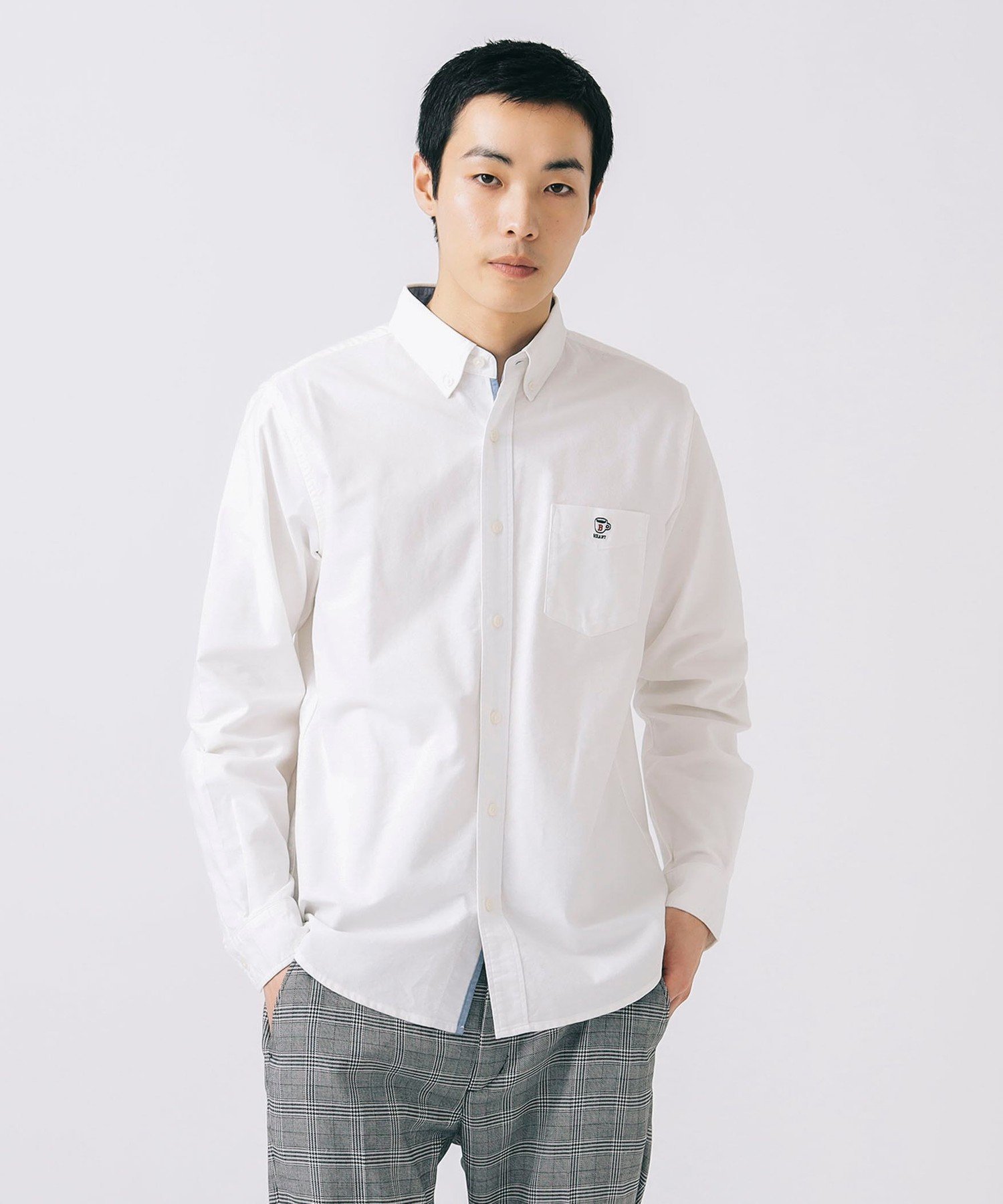 BEAMS HEART MEN コーヒー刺繍 クールタッチ ロングスリーブ シャツ(接触冷感) ビームス ハート トップス シャツ・ブラウス ホワイト ブルー【送料無料】