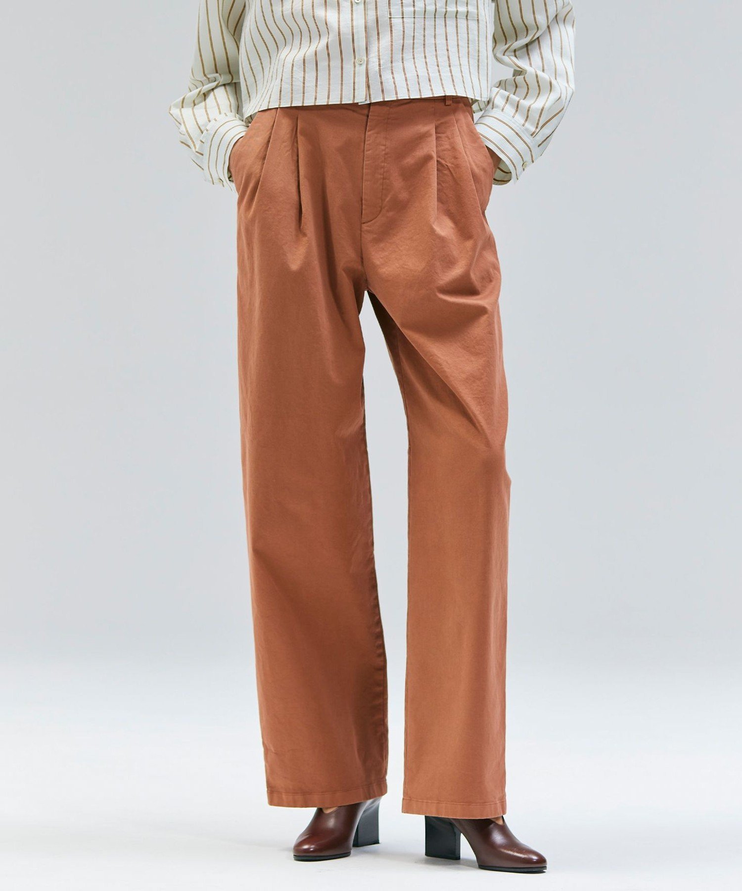 , 【洗える・Oggi 11月号掲載】HAMLIN / コットンストレッチ2タックワイドパンツ ベイジ, パンツ その他のパンツ ブラウン イエロー