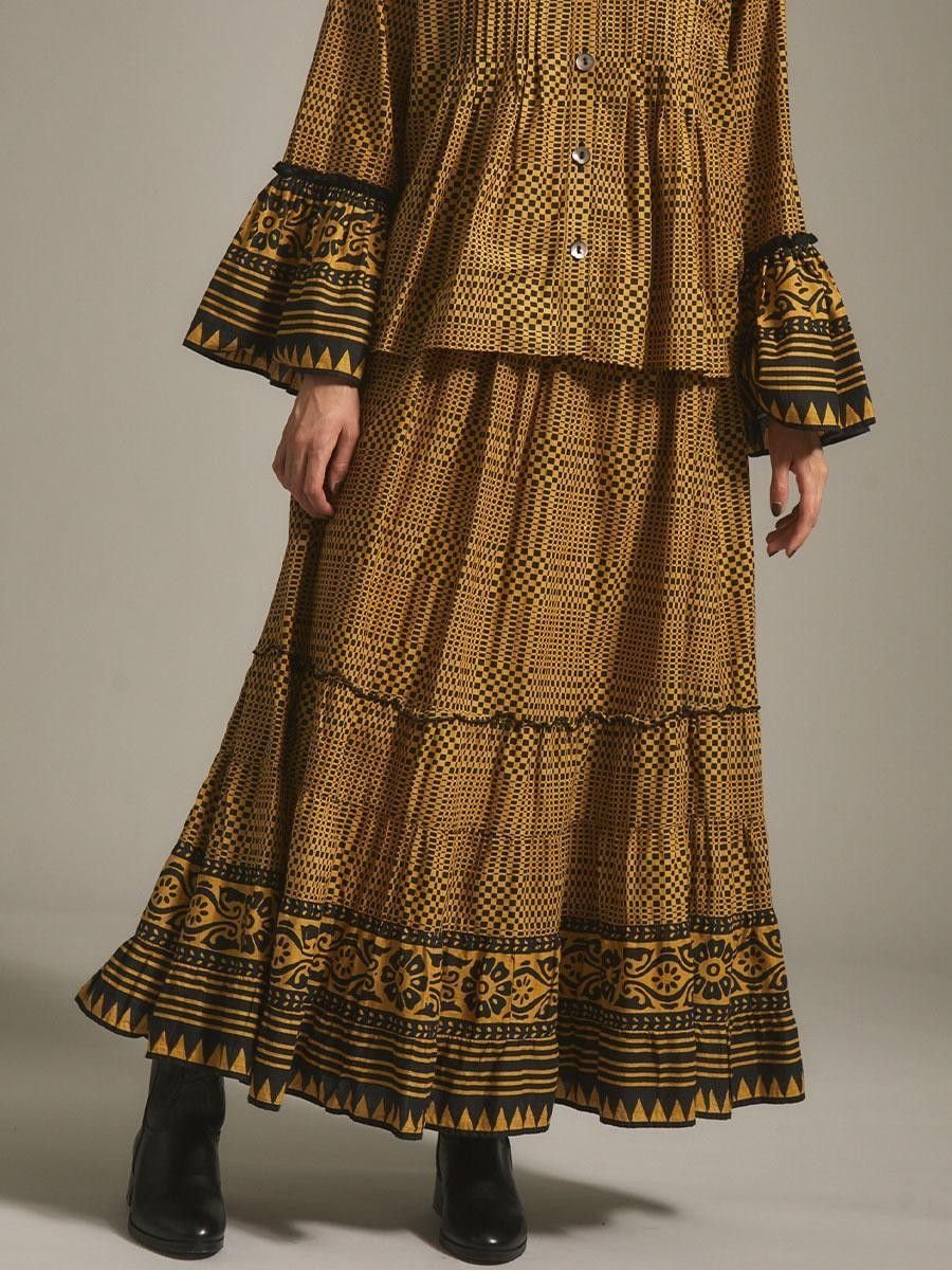 【SALE／40%OFF】Ample エスニック調コットンフレアスカート ヴァン スカート ロング・マキシスカート イエロー【送料無料】
