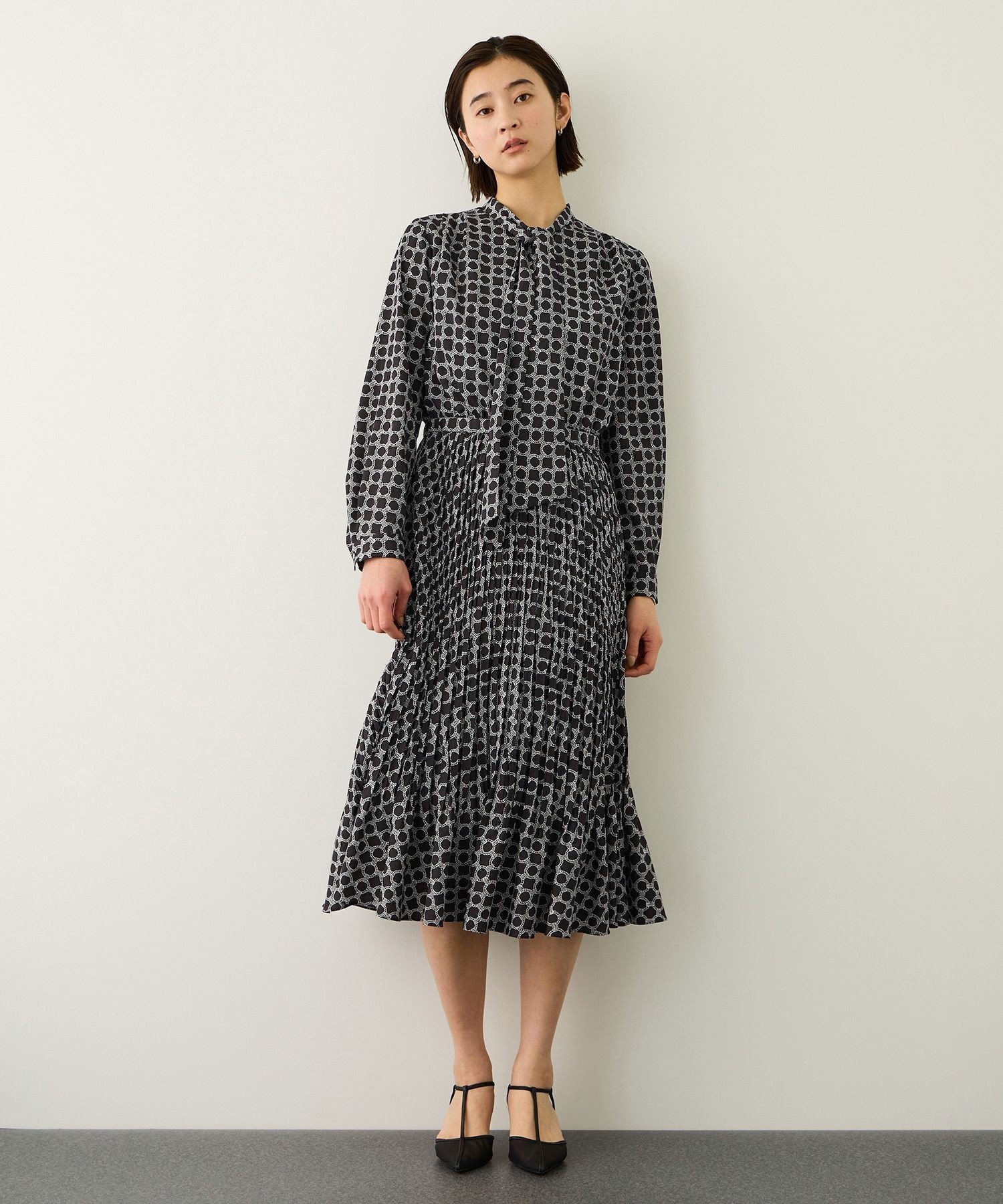 ROPE' ship's rope' オリジナルプリントプリーツタイワンピース ロペ ワンピース・ドレス シャツワンピース ネイビー ブラウン【送料無料】