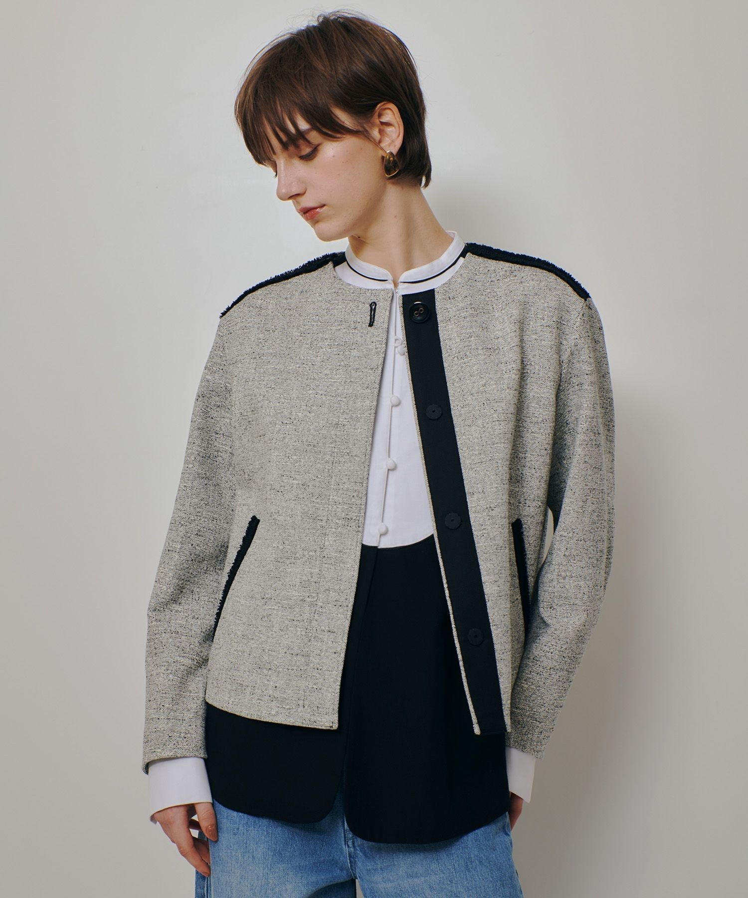 【SALE／50%OFF】allureville ミックスツイードノーカラージャケット アルアバイル ジャケット・アウター ノーカラージャケット ホワイト ブラック【送料無料】