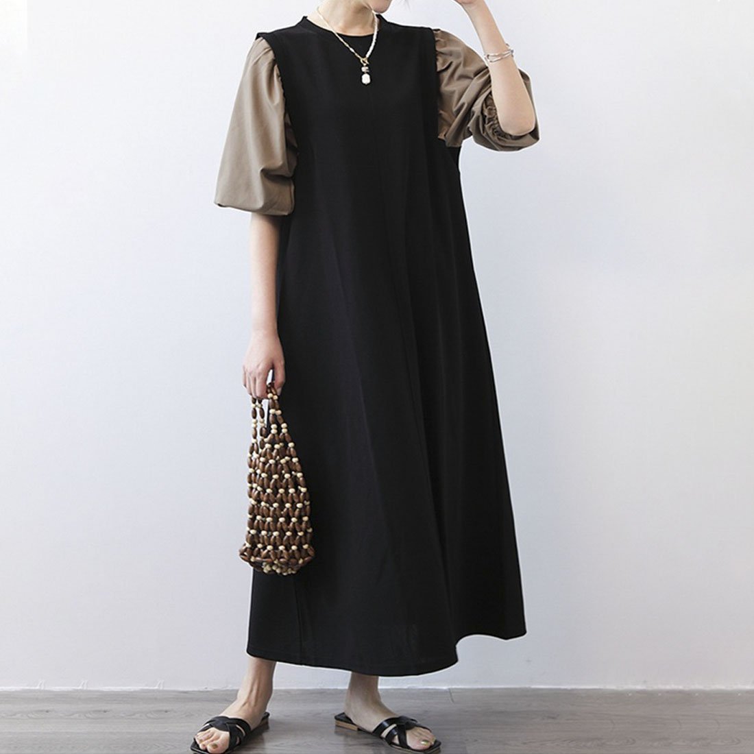 maison de LATIR Aラインワンピース 夏服 セレモニー ボリューム袖切り替えロングワンピース メゾンドラティール ワンピース・ドレス ワンピース ブラック ネイビー ブラウン ホワイト