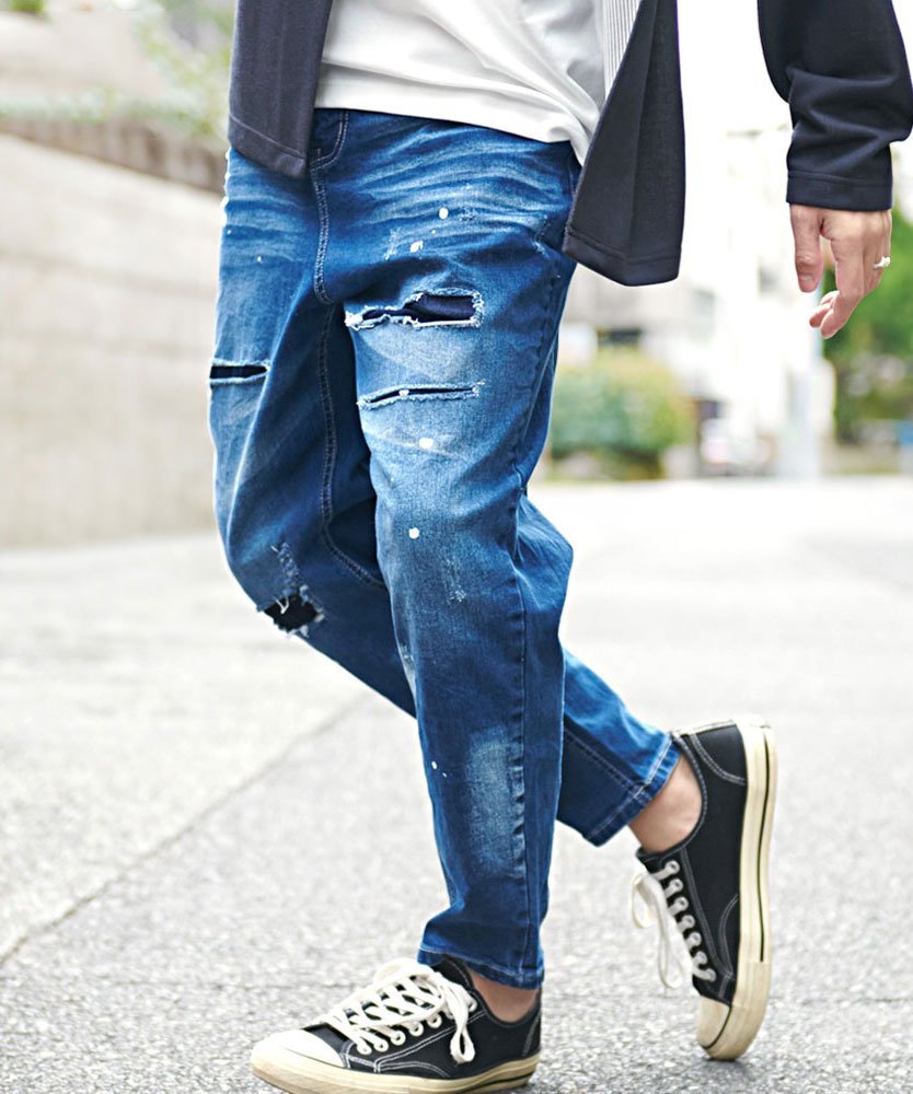 CavariA ワイドテーパードリペアデニムパンツ シルバーバレット パンツ ジーンズ・デニムパンツ ブルー