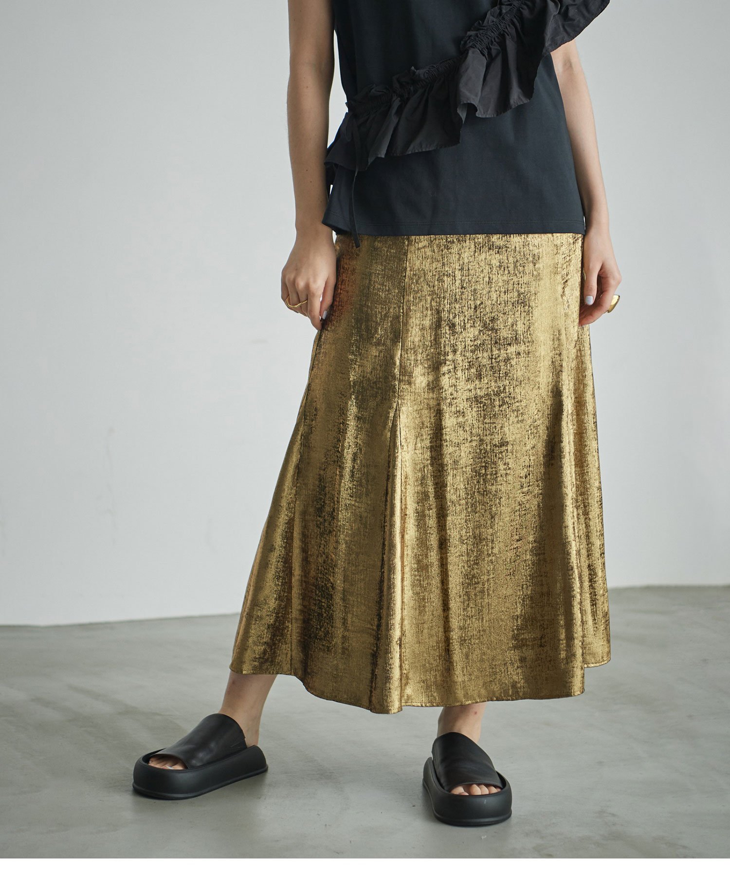 【SALE／50%OFF】ROSE BUD セミフレアメタリックスカート ローズバッド スカート ロング・マキシスカート ゴールド【送料無料】
