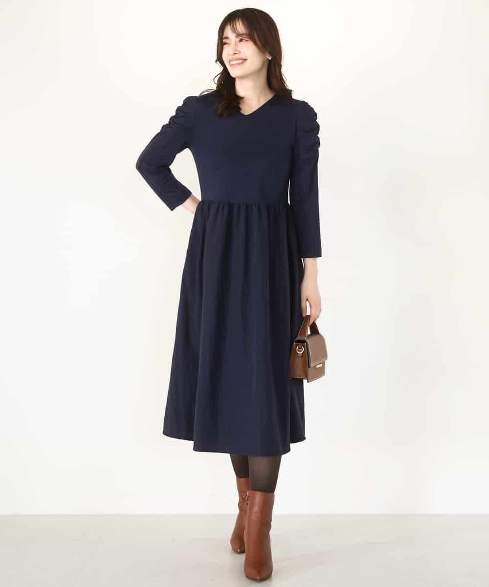 OFUON ギャザースリーブドッキングワンピース/洗える/WEB限定サイズあり オフオン ワンピース・ドレス ワンピース ネイビー【送料無料】のサムネイル