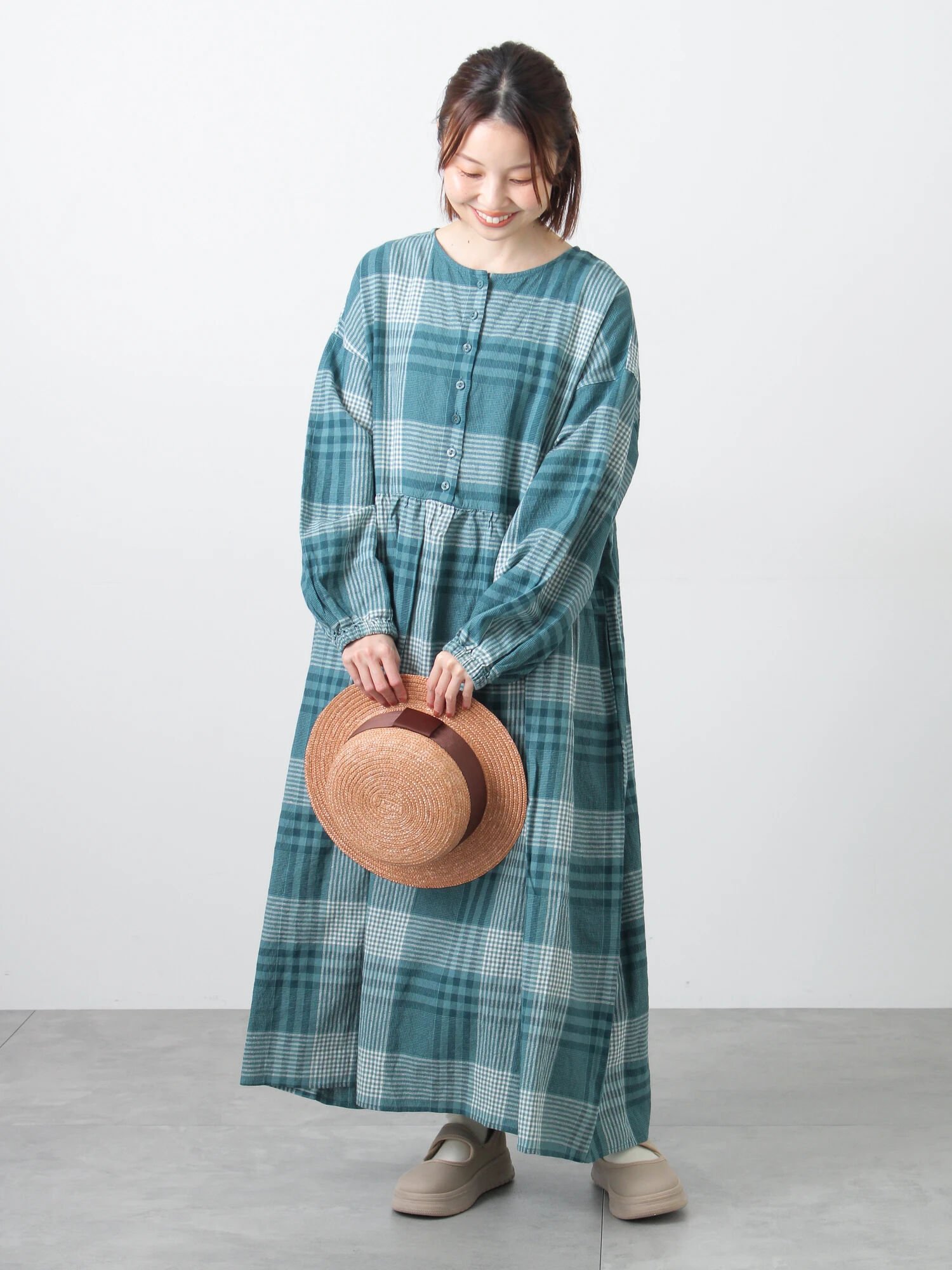 Samansa Mos2 【Cross*Linen】ギャザーワンピース サマンサモスモス ワンピース・ドレス ワンピース イエロー ブラウン グリーン ベージュ レッド