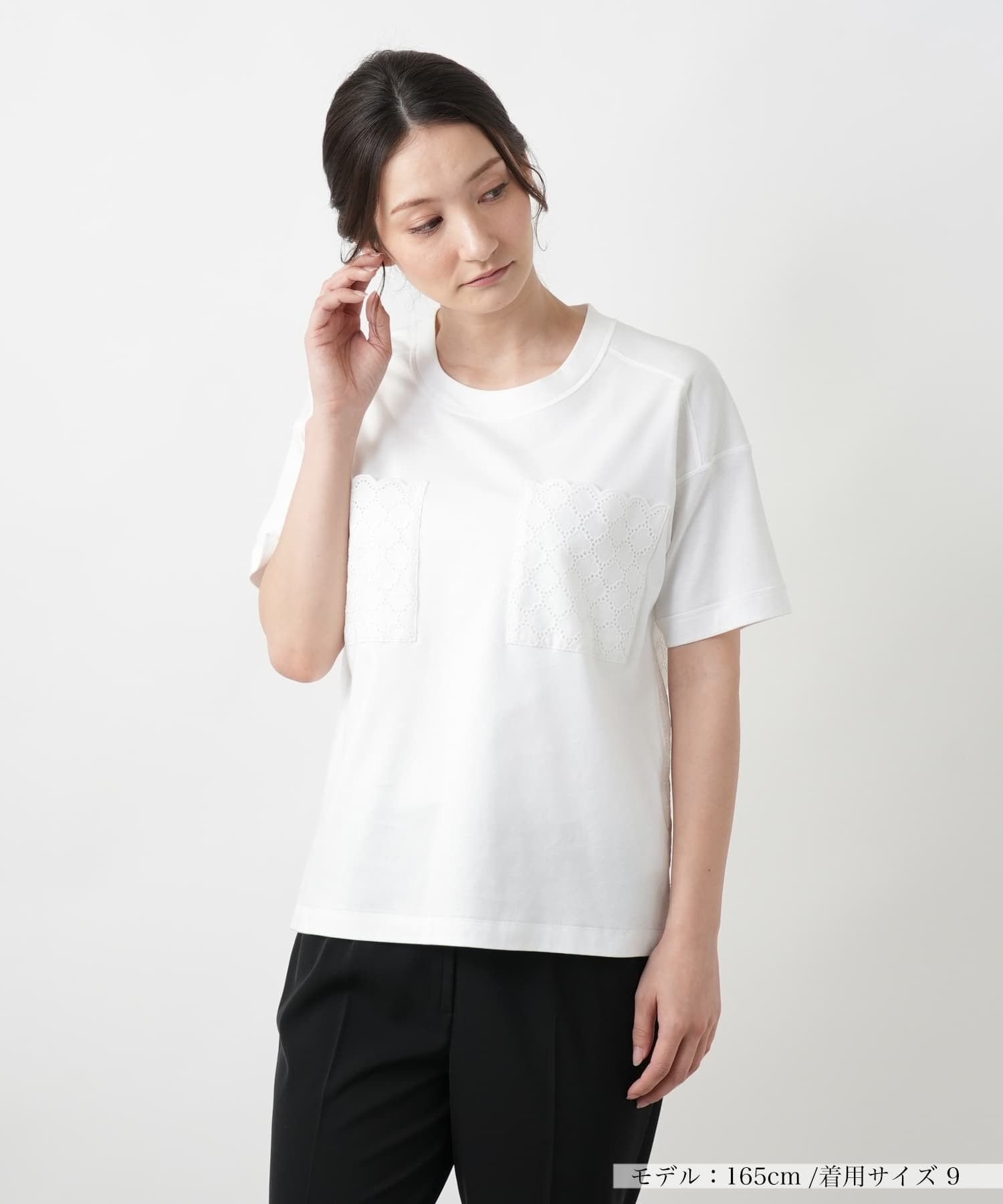Leilian レース切替Tシャツ レリアン トップス カットソー・Tシャツ ホワイト ネイビー