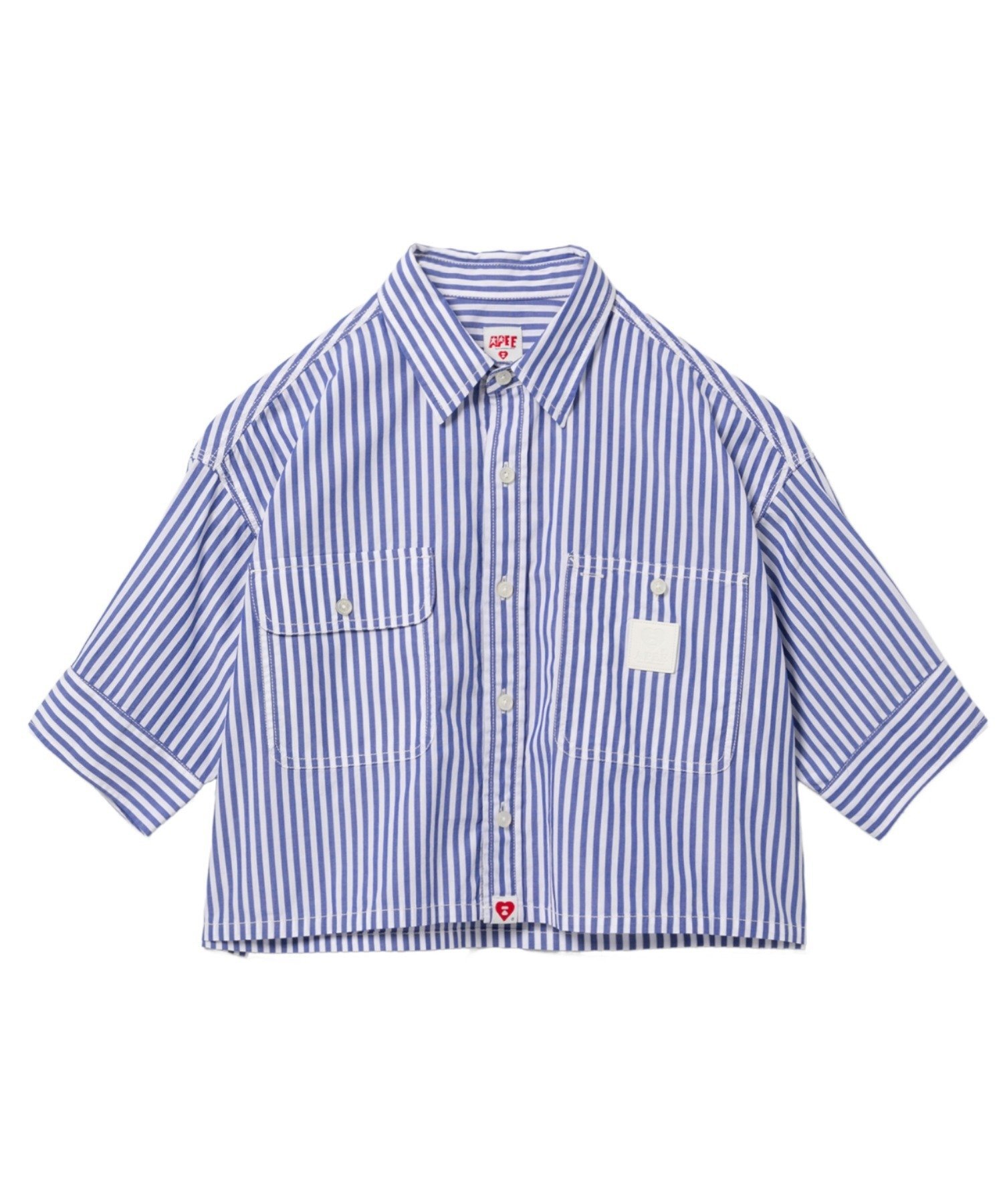 A BATHING APE PU BADGE SHORT SLEEVES BENGAL STRIPE SHIRT ア ベイシング エイプ トップス シャツ・ブラウス ブルー【送料無料】