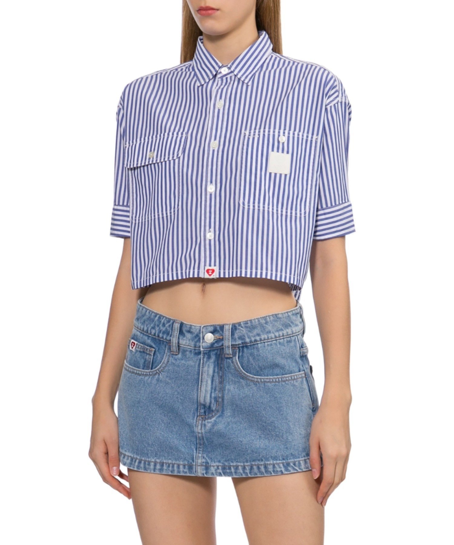 PU BADGE SHORT SLEEVES BENGAL STRIPE SHIRT ア ベイシング エイプ トップス シャツ・ブラウス ブルー