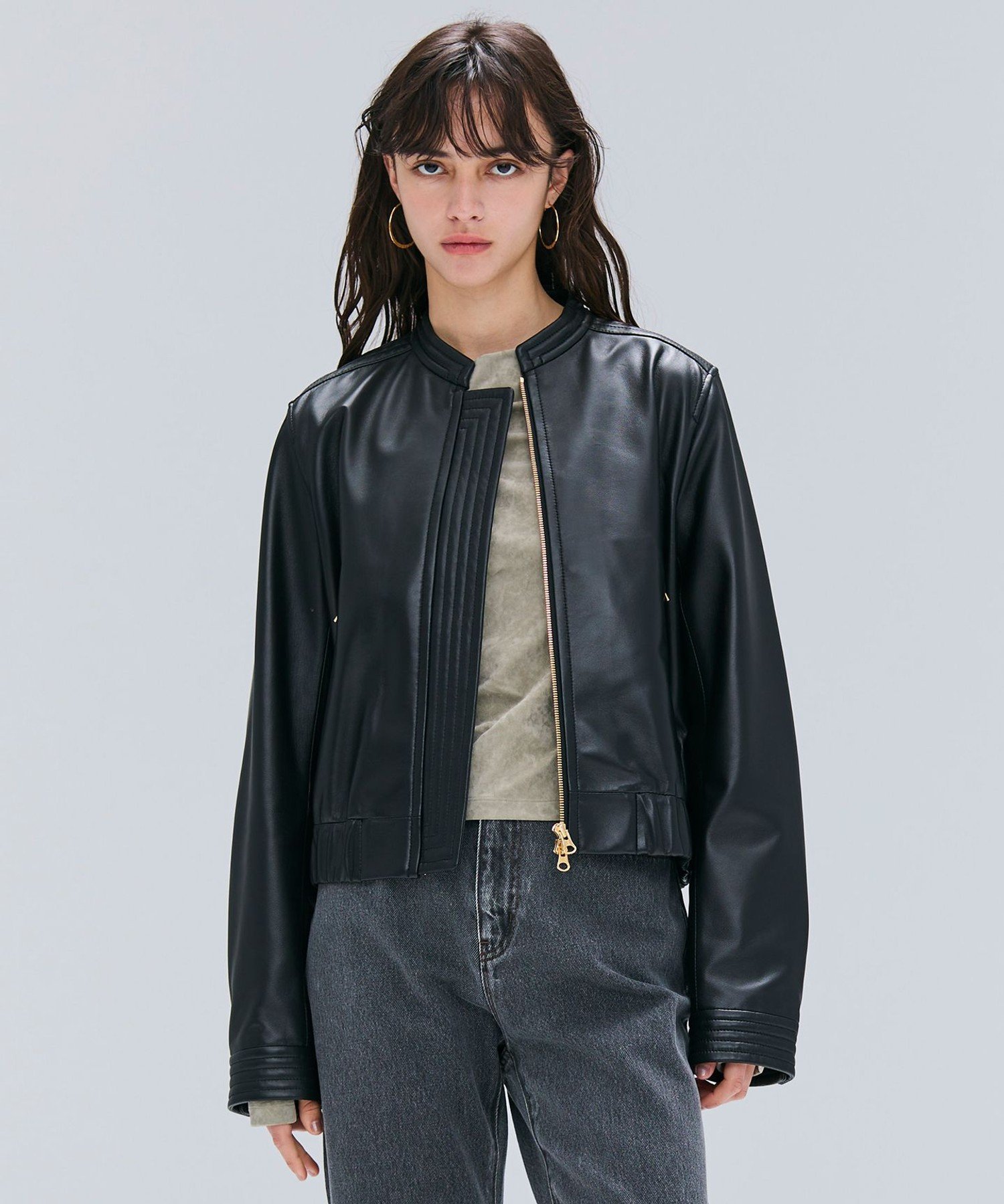 , 【andGIRL 秋号掲載】CLYDE / ステッチデザインラムレザーブルゾン ベイジ, ジャケット・アウター ノーカラージャケット ブラウン ブラック
