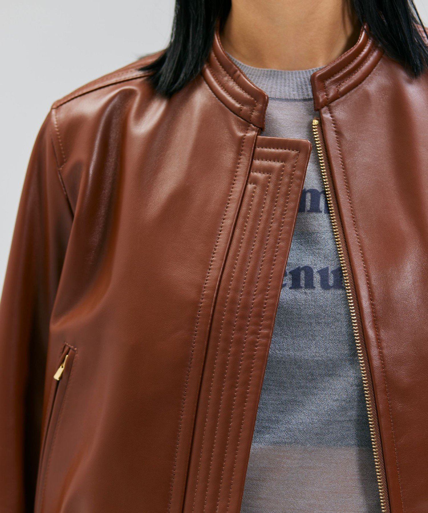 , 【andGIRL 秋号掲載】CLYDE / ステッチデザインラムレザーブルゾン ベイジ, ジャケット・アウター ノーカラージャケット ブラウン ブラック