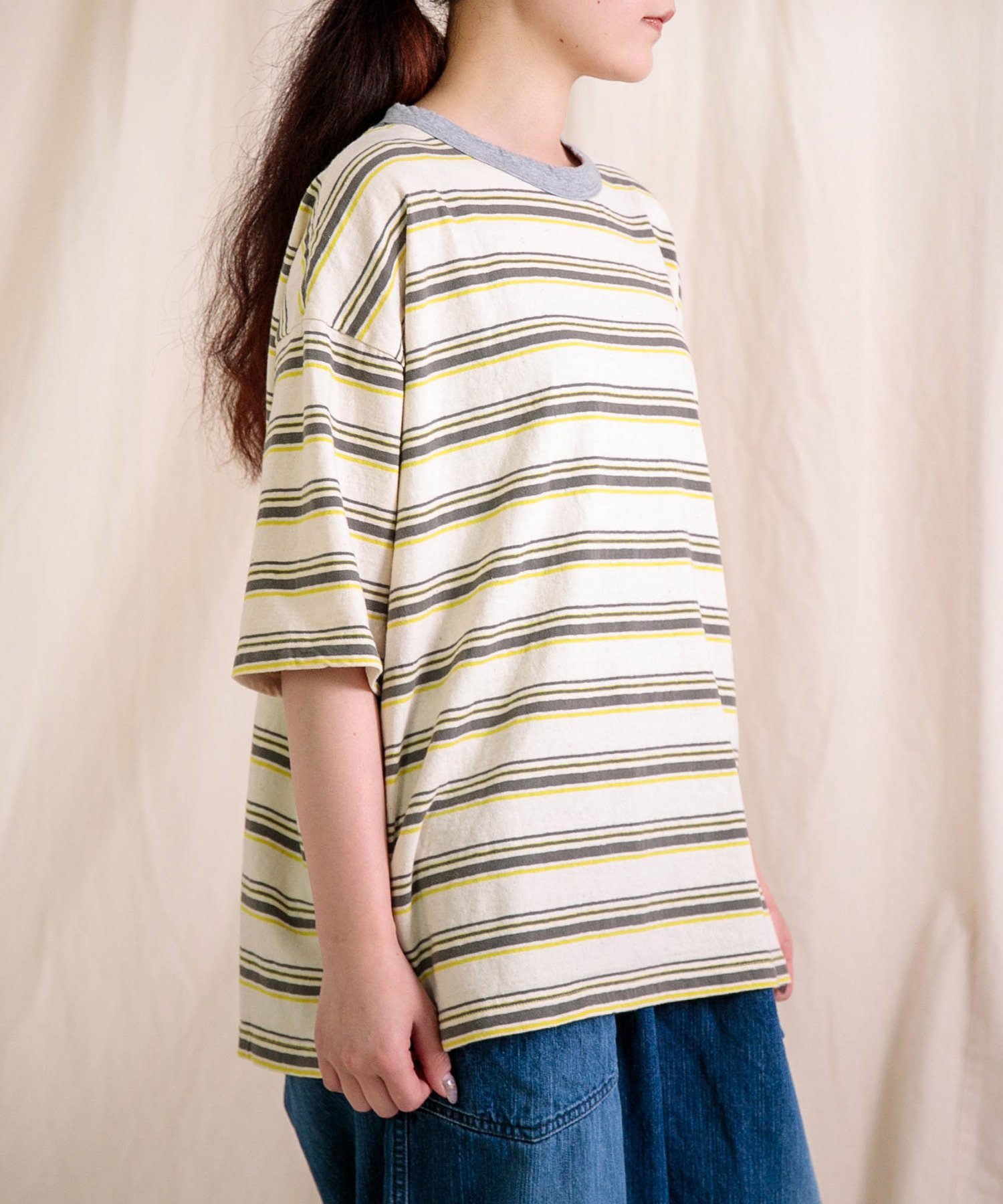 prit リサイクルムラ糸天竺マルチボーダー 5分袖クルーネックワイドTシャツ ドミンゴ トップス カットソー・Tシャツ ホワイト オレンジ