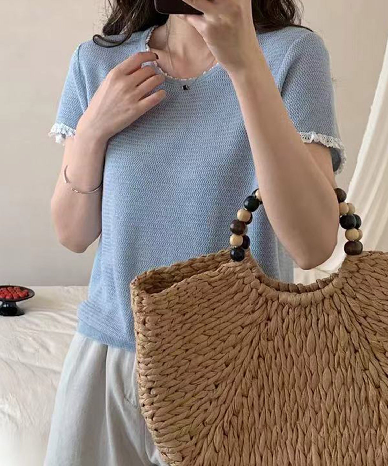 【SALE/75%OFF】BANICO 【BANICO】ラウンドネックシンプル半袖ニットトップス アイモハ トップス ニット ブルー グレー ネイビー ベージュ...