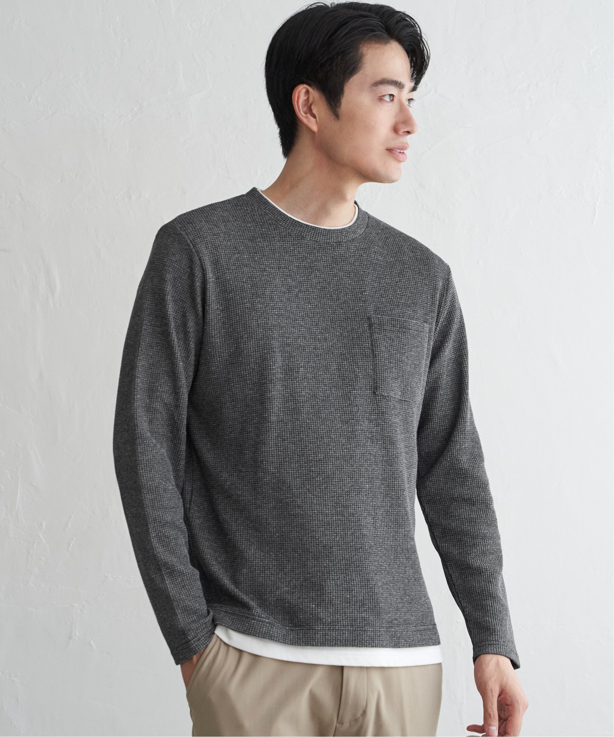 ikka メランジワッフルポケフェイクロンT イッカ トップス カットソー・Tシャツ ブルー カーキグリーン ブラック ワインレッド ベージュ