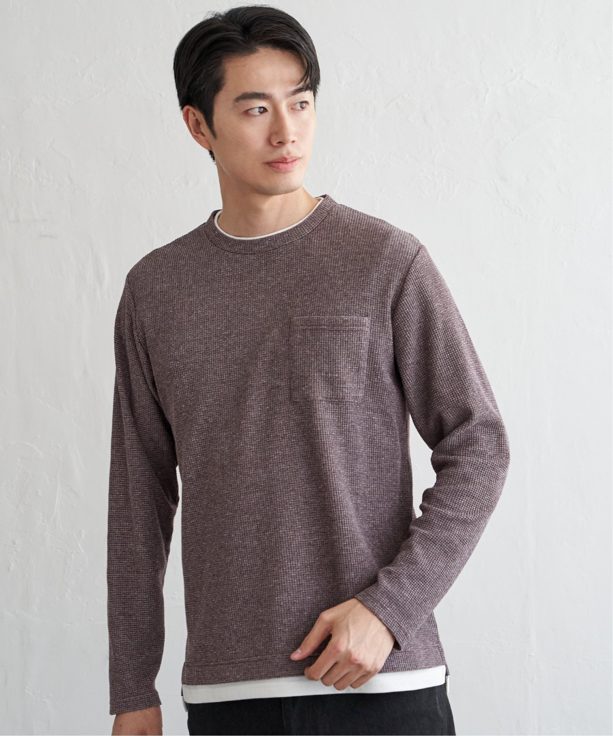 ikka メランジワッフルポケフェイクロンT イッカ トップス カットソー・Tシャツ ブルー カーキグリーン ブラック ワインレッド ベージュ