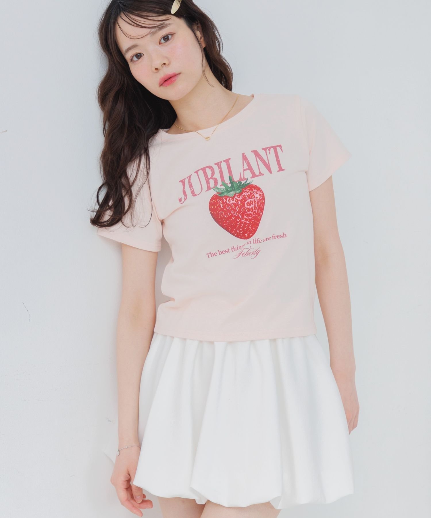 ems excite ストロベリープリントTEE レトロガール トップス カットソー・Tシャツ ホワイト ピンク ブラック