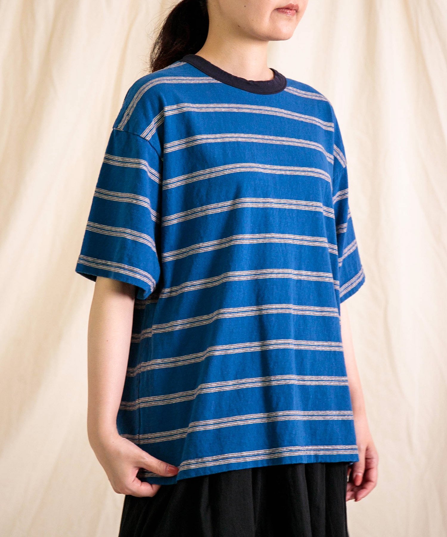 prit リサイクルムラ糸天竺レトロボーダー クルーネックルーズTシャツ ドミンゴ トップス カットソー・Tシャツ ブルー ホワイト