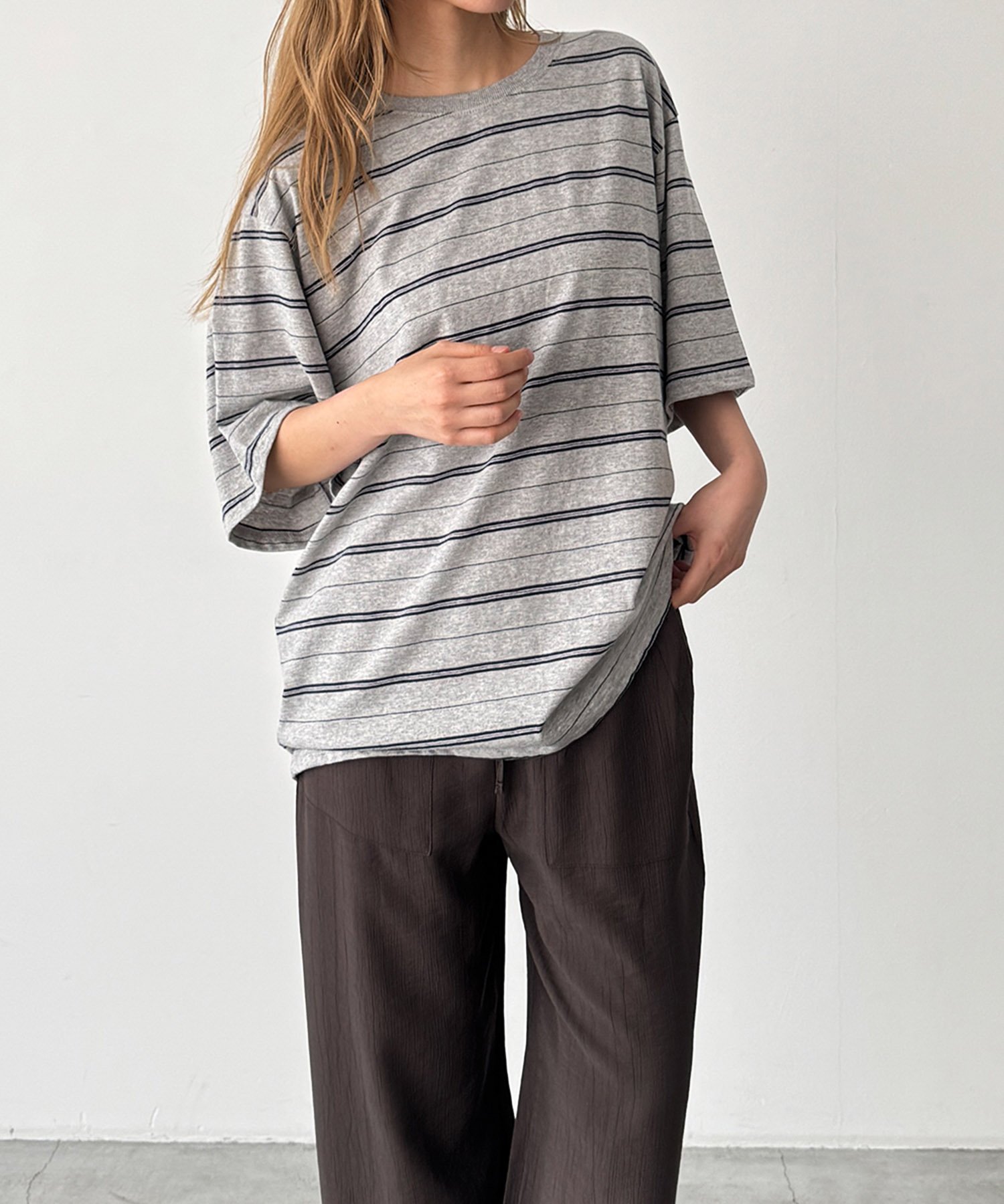 Lakey Park Lakey Park マルチボーダーオーバーTシャツ キャナルジーン トップス カットソー・Tシャツ ブラウン ホワイト グレー