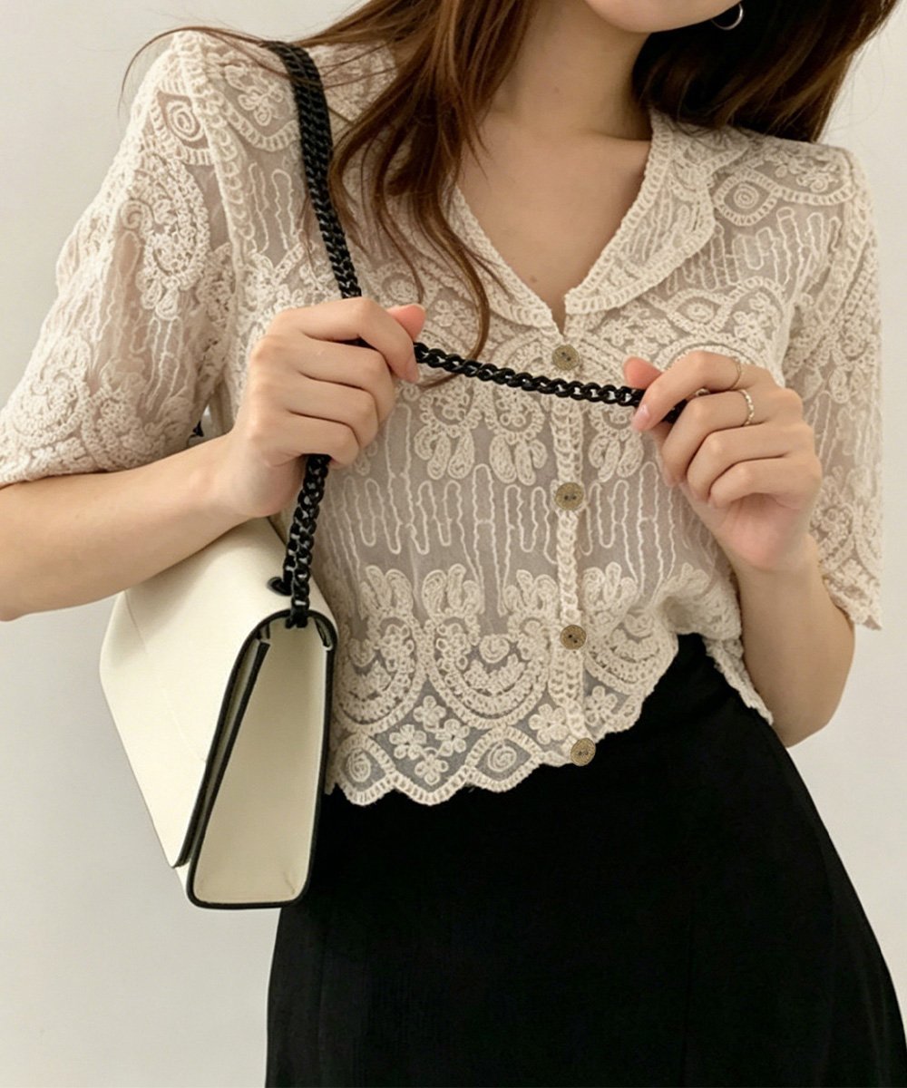 miniministore 透かし編み花柄レース半袖カーディガン春夏 ミニミニストア トップス シャツ・ブラウス ホワイト ベージュ