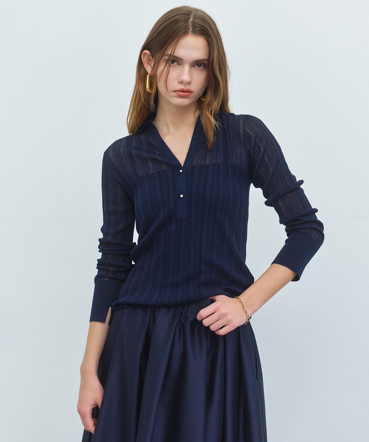 BEIGE, GOVERNOR / シアーリブ スキッパーニット ベイジ, トップス ニット ネイビー【送料無料】