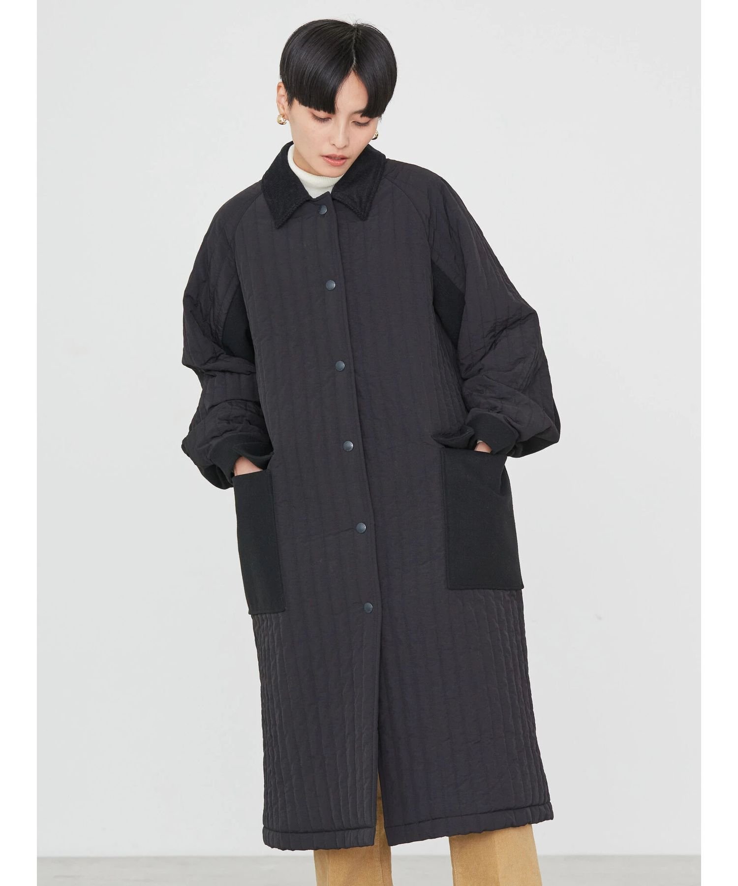 【SALE／42%OFF】AMERICAN HOLIC キルポカ異素材Mixロングコート アメリカン ホリック ジャケット・アウター その他のジャケット・アウター ブラック カーキ【送料無料】のサムネイル