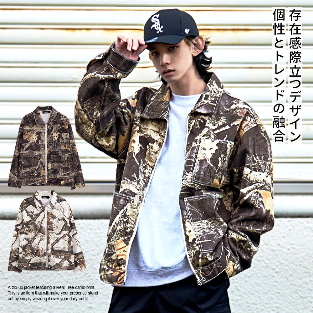 CavariA リアルツリー柄ジップ長袖JKT シルバーバレット ジャケット・アウター カバーオール・ワークジャケット グレー ホワイト