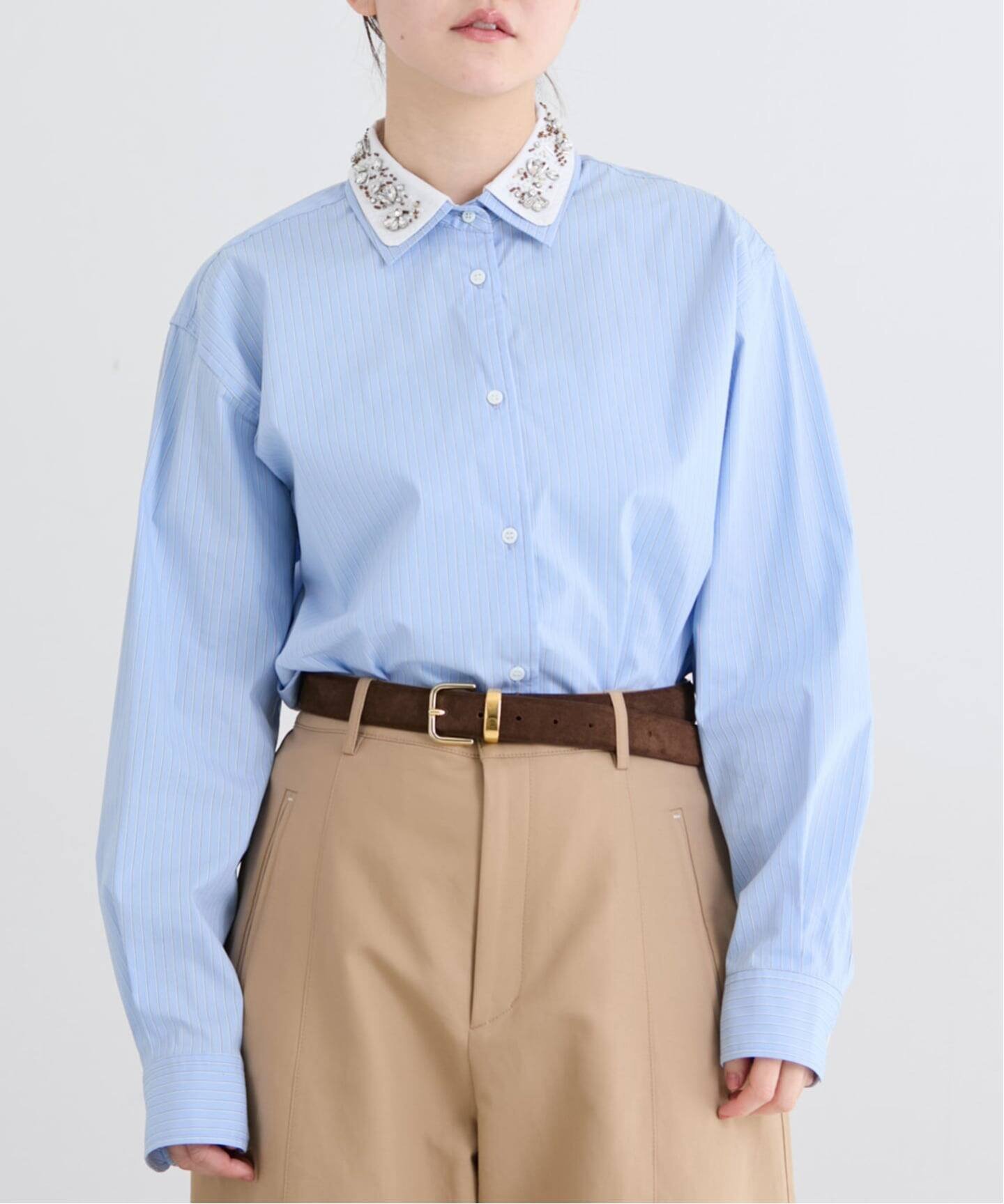 IENA 2wayビジュークレリックシャツ イエナ トップス シャツ・ブラウス ブルー