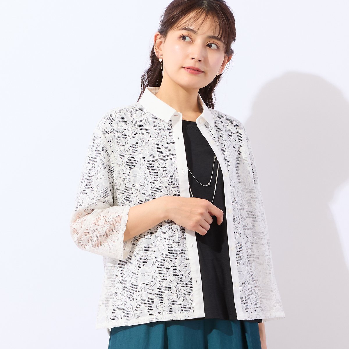 LOBJIE 【洗える】メッシュレースシャツ ロブジェ トップス シャツ・ブラウス ブラック ホワイト