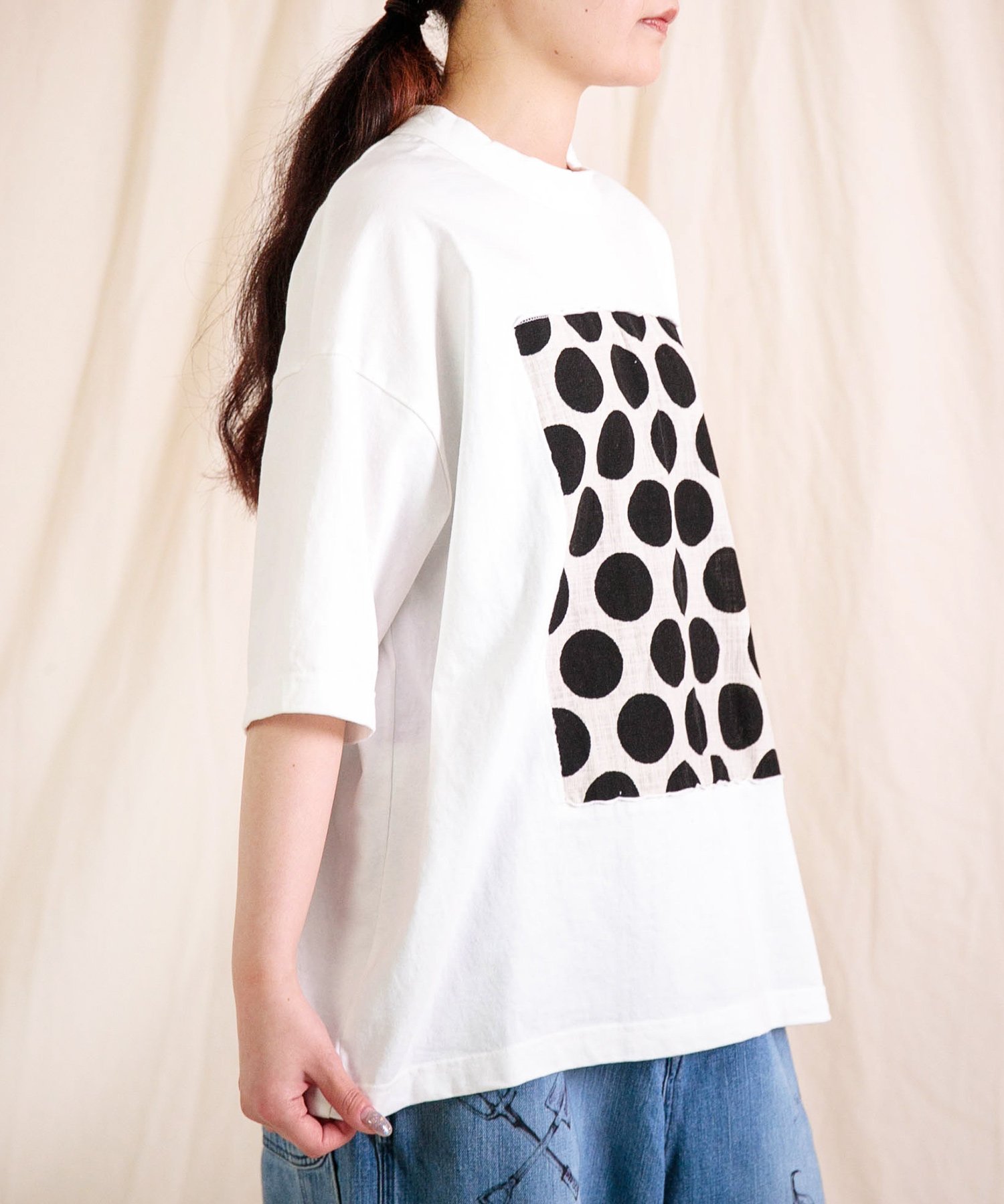 prit 空紡天竺*プリント 5分袖フレームTシャツ (ドット) ドミンゴ トップス カットソー・Tシャツ ホワイト