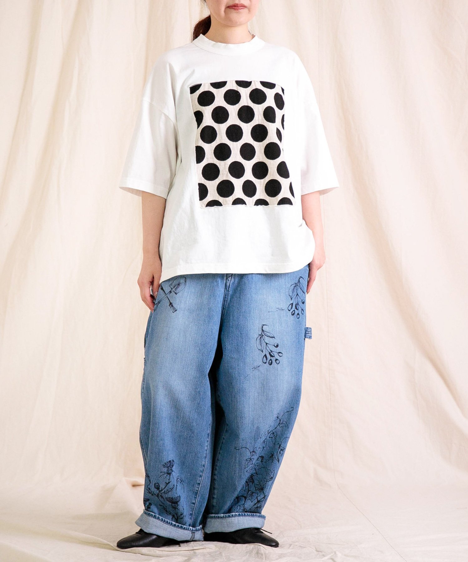 prit 空紡天竺*プリント 5分袖フレームTシャツ (ドット) ドミンゴ トップス カットソー・Tシャツ ホワイト
