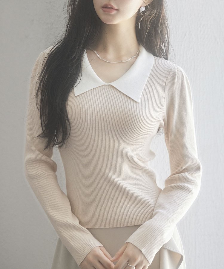 SAISON DE PAPILLON トレンドの襟付きリブニット セゾン・ド・パピヨン トップス ニット ホワイト ベージュ カーキグリーン ピンク ブルー ブラック