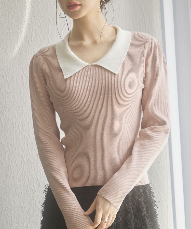 SAISON DE PAPILLON トレンドの襟付きリブニット セゾン・ド・パピヨン トップス ニット ホワイト ベージュ カーキグリーン ピンク ブルー ブラック